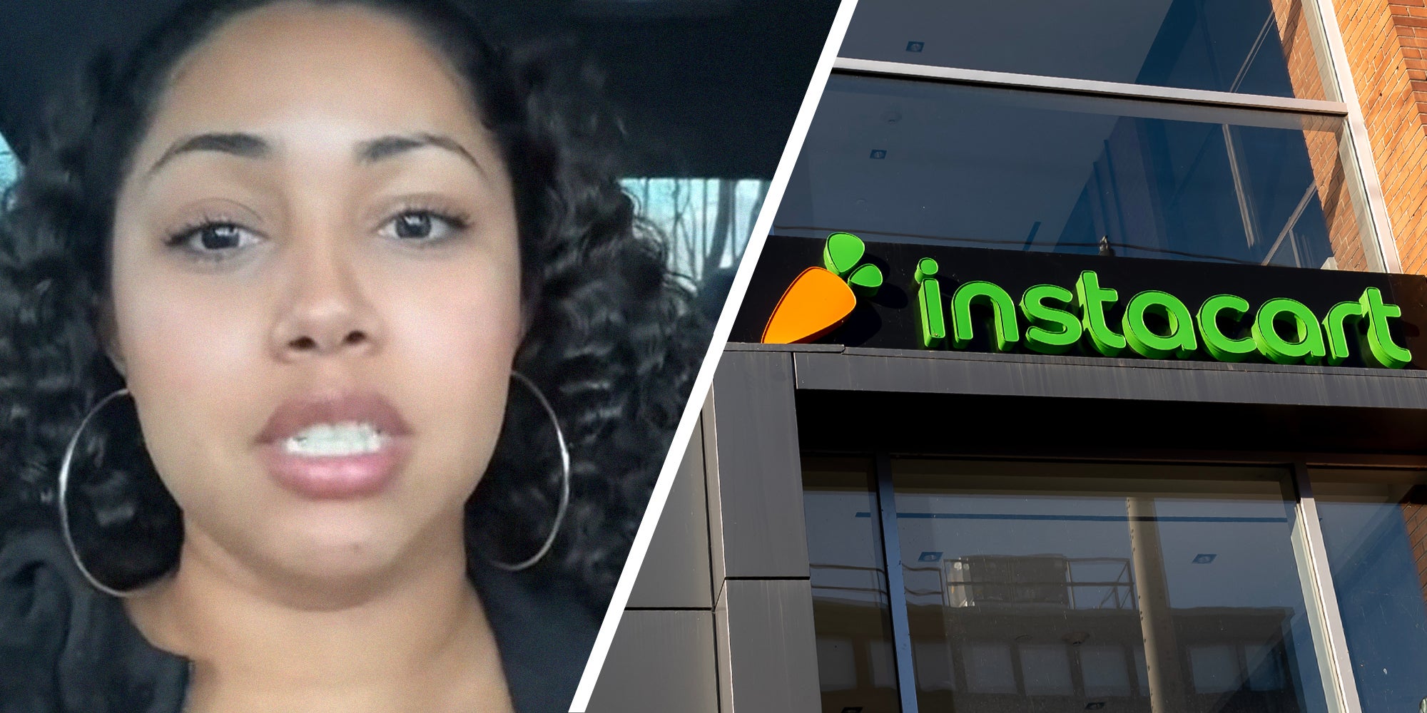 woman shares why she stays with items(l) Instacart sign on building(r)