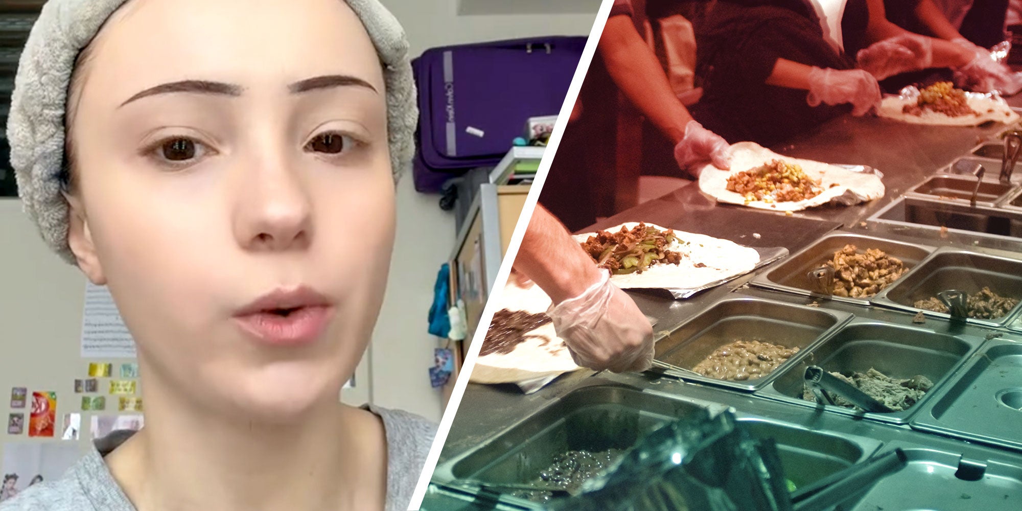 Tiktok user @1squidnsj next to a photo of a Chipotle counter.