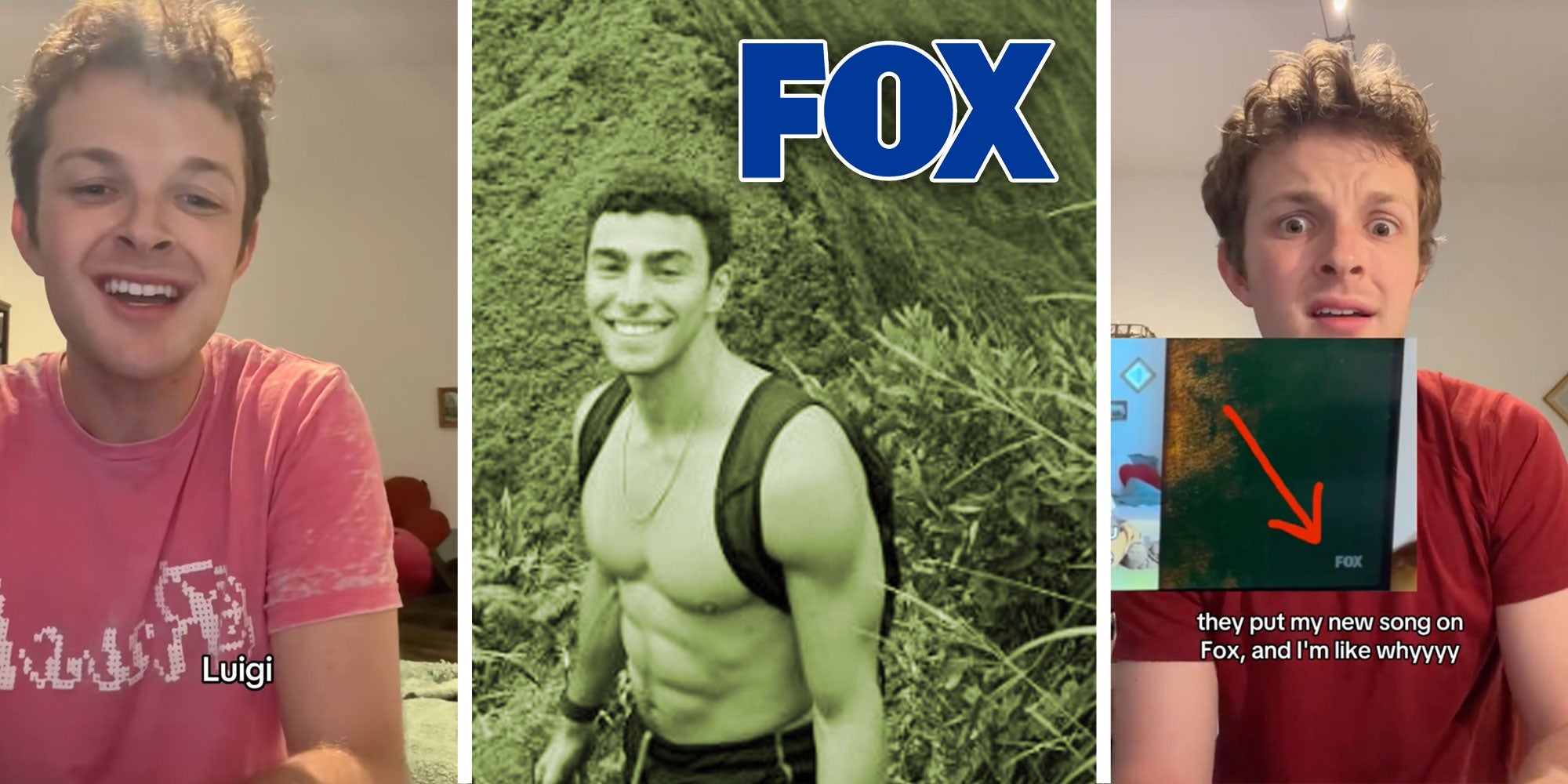 A screenshot of Tiktok user @jake_amazing with the caption 'Luigi'; a photo of Luigi Mangione with the Fox logo; a screenshot of Tiktok user @jake_amazing with the caption 'they put my new song on Fox, and I'm like whyyyy'.