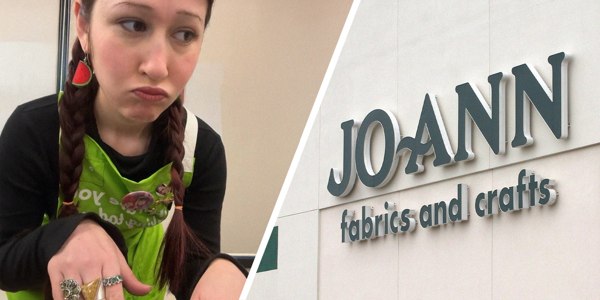 girl looking perplexed(l) Joann Fabrics and Crafts building sign(r)