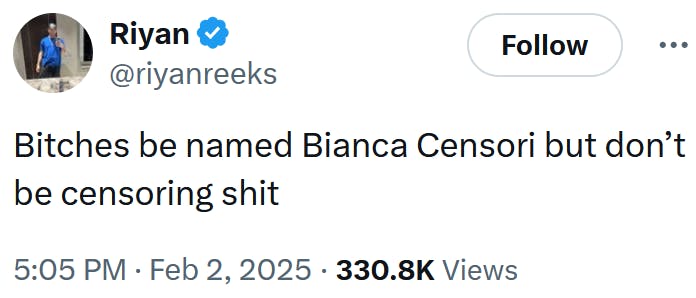 Tweet reading 'Bitches be named Bianca Censori but don’t be censoring shit.'