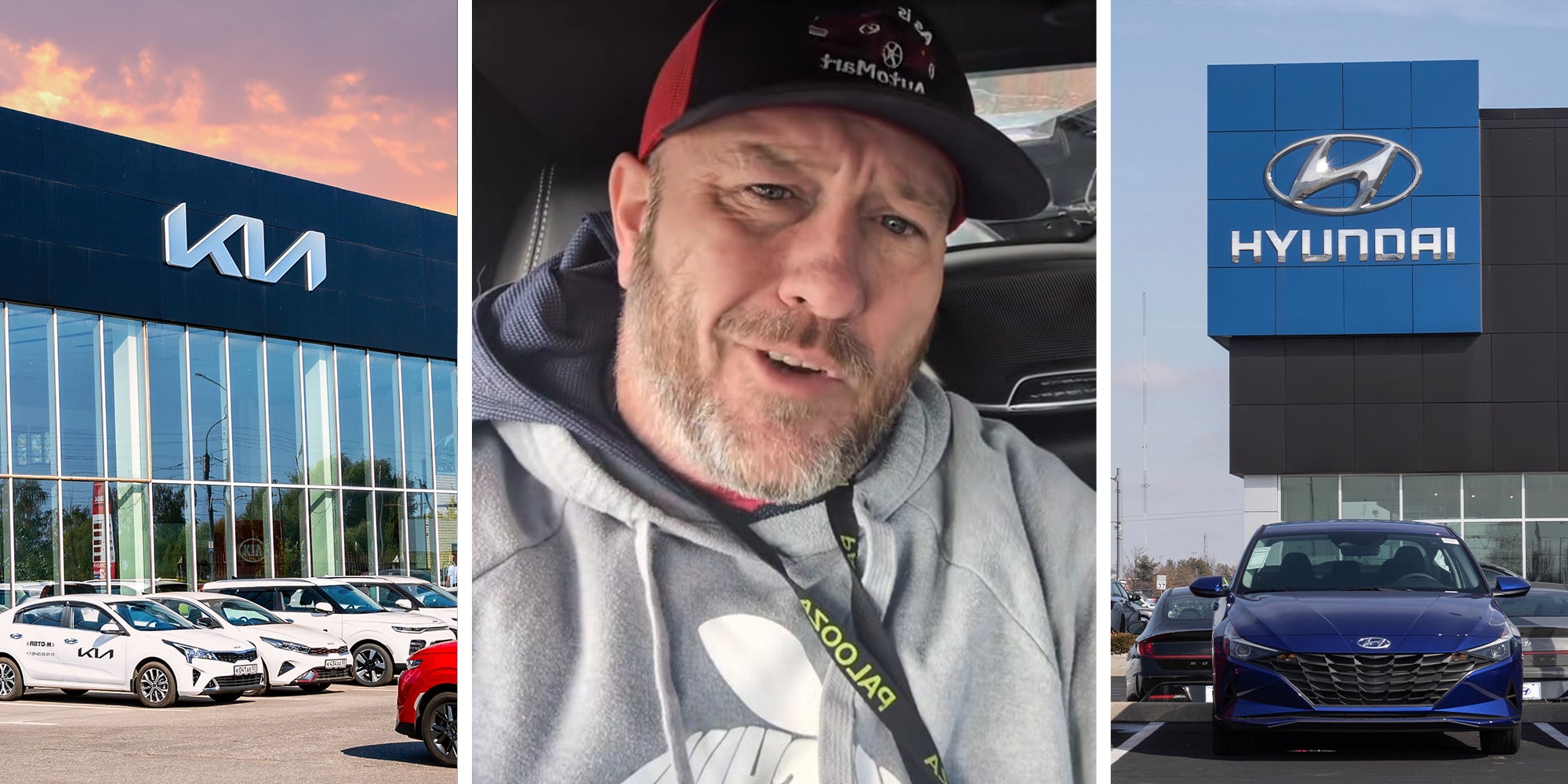 Kia Dealer(l) Man shares worst used cars to buy(c) Hyundai dealer with blue car infront(r)