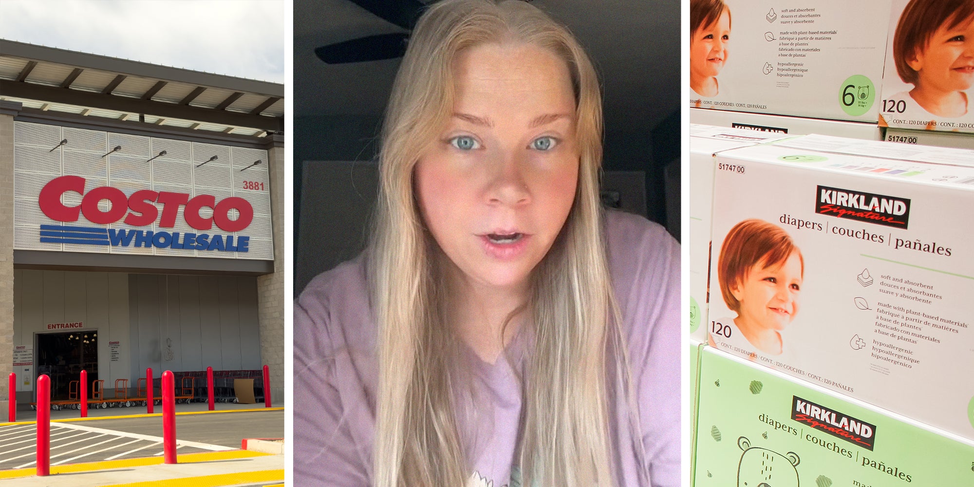 Costco Wholesale store front(l) woman looking shocked(c) Kirkland diaper boxes(r)