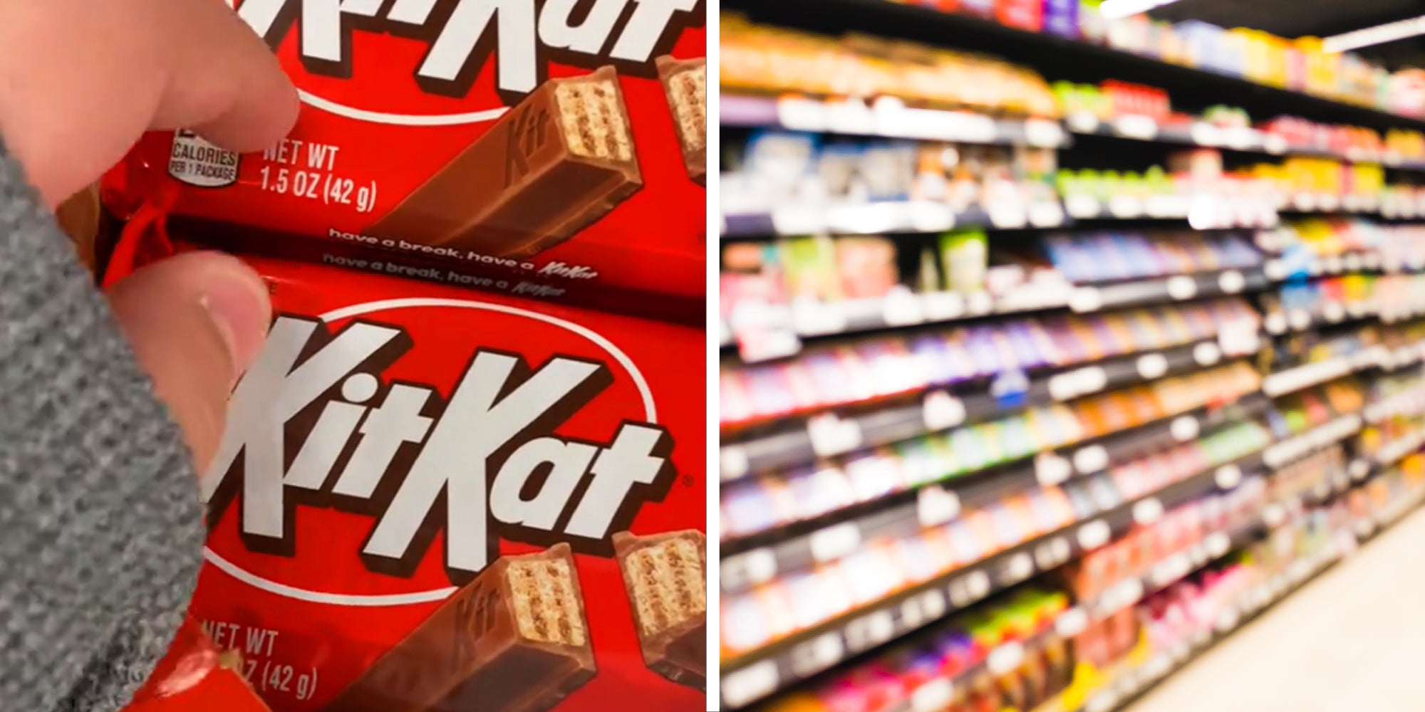 2 panel image: on the left a person is grabbing a packet of KitKat. On the right a grocery store candy aisle.