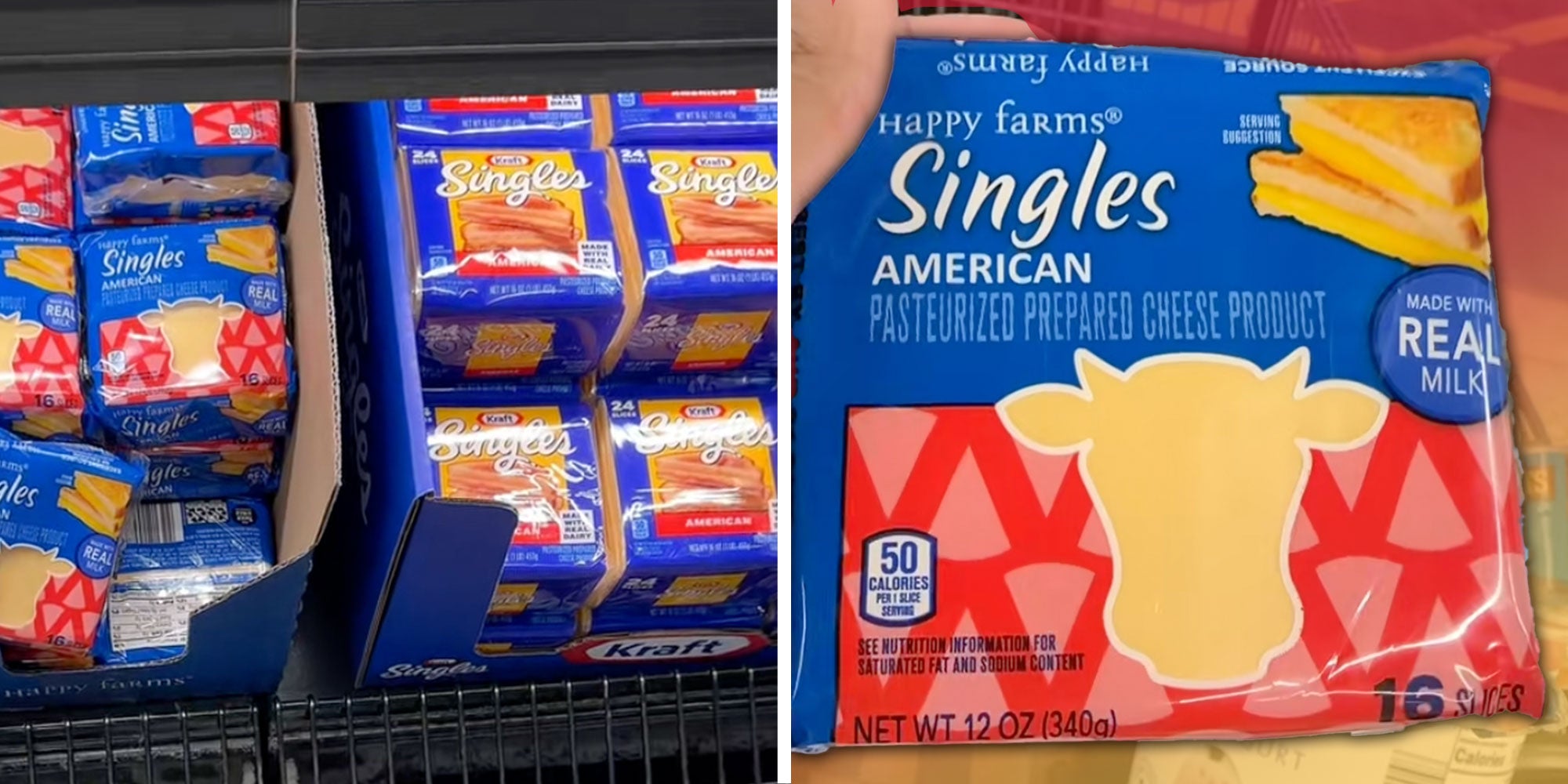 Screenshot from @thedreyaface's Tiktok of bins of sliced American Cheese; Screenshot from @thedreyaface's Tiktok of a package of Happy Farms Singles American Cheese.