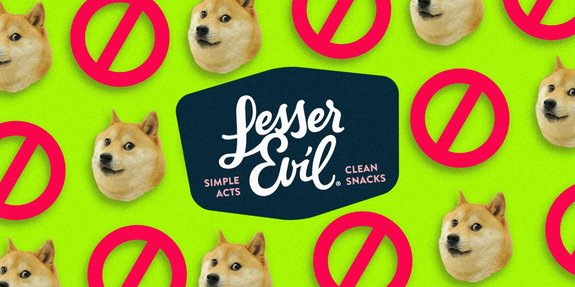 Lesser Evil logo surrounded by a pattern of 'No' symbols and Doge dogs.