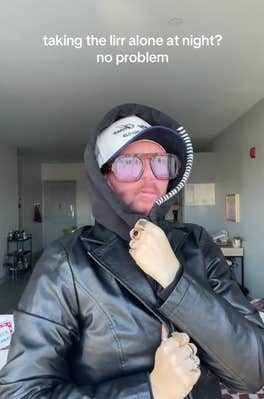 Lionel Messi face mask TikTok video showing someone in the mask and a hoodie and leather jacket.