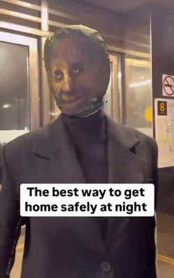 TikTok video of a woman in a 3D face mask with a caption reading "The best way to get home safely at night."