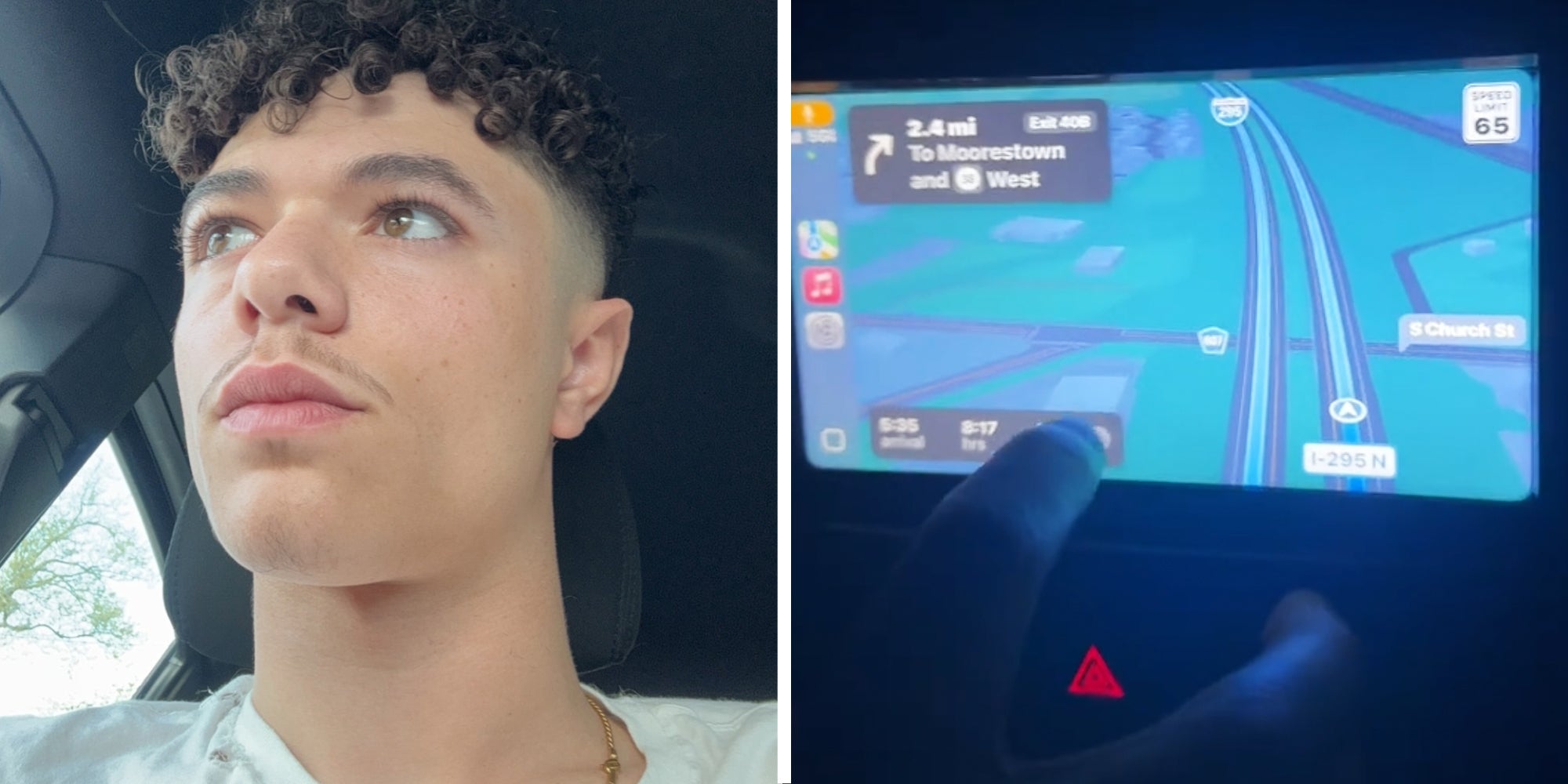 Man talking(l), Hand to car screen(r)