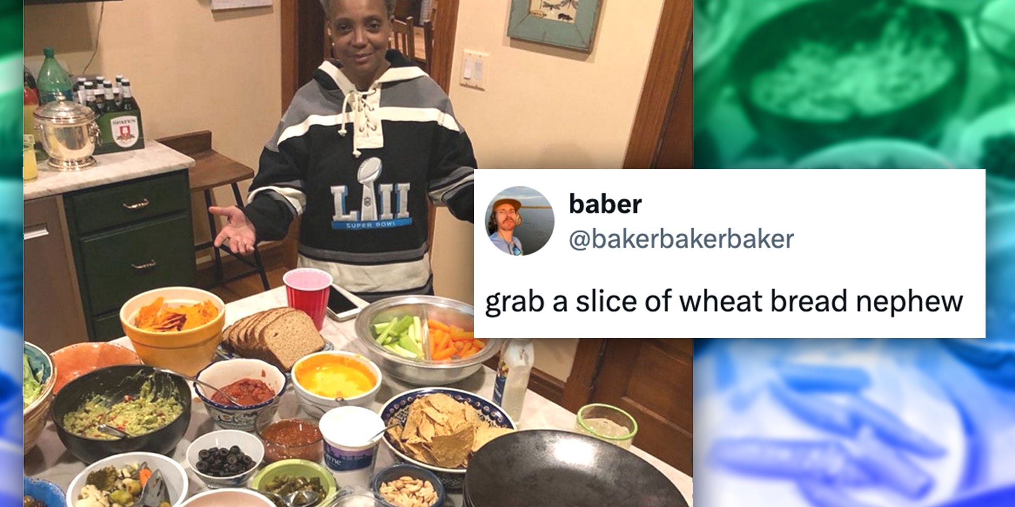 A photo of Lori Lightfoot presenting her Superbowl spread; A tweet from user @bakerbakerbaker that reads "grab a slice of wheat bread nephew".