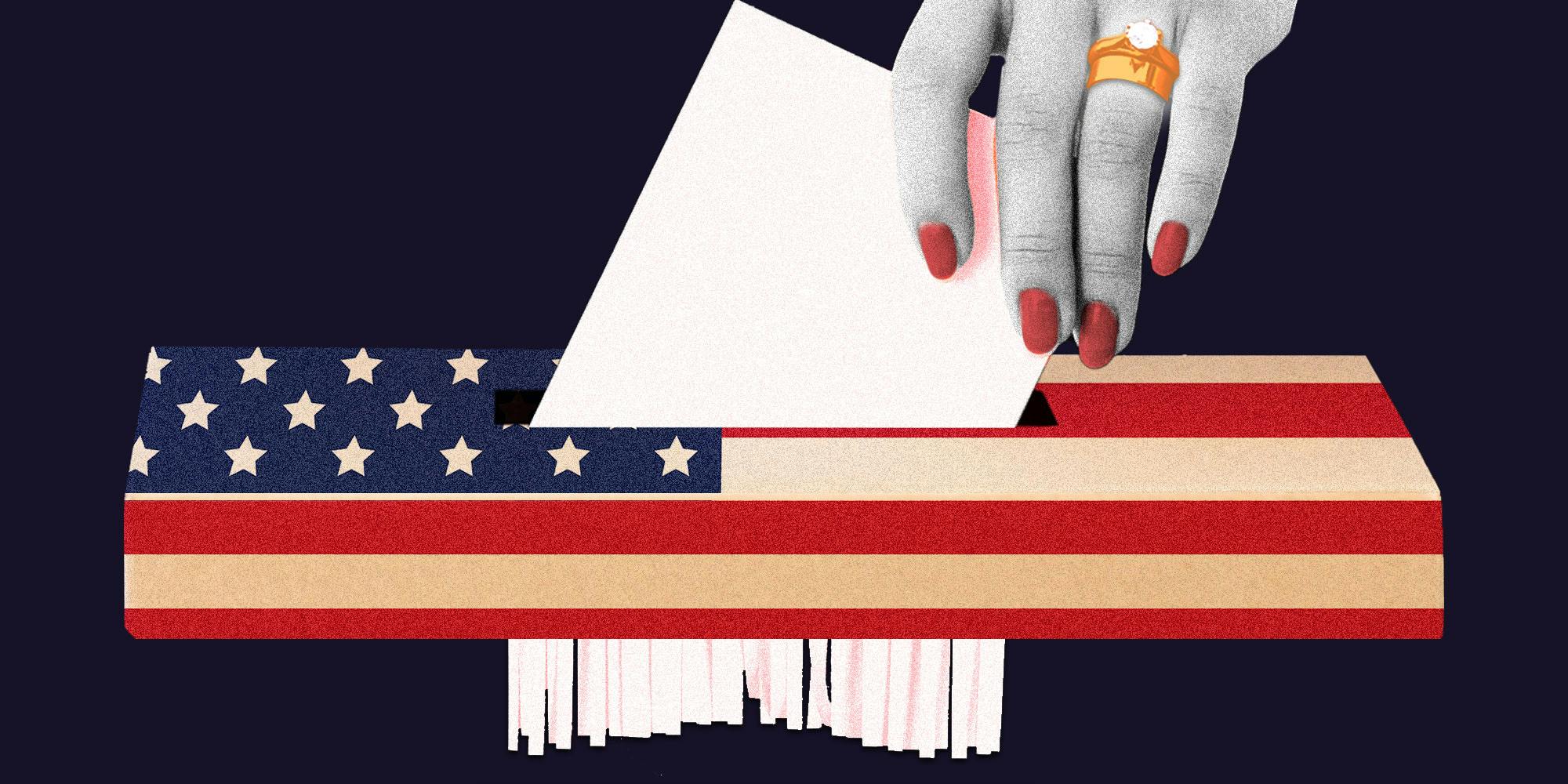 Photo illustration of a women's hand with a wedding band casting a vote in an American flag ballot box, with the vote being shredded as it enters.