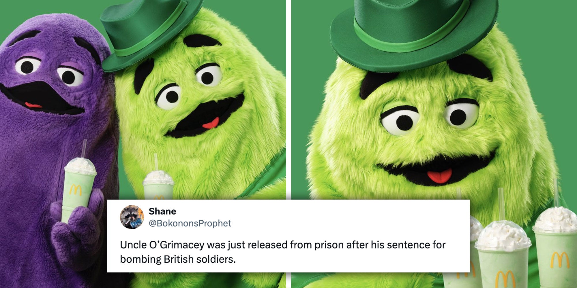 Side by side photos of McDonald's mascots Grimace and Uncle O'Grimacey with a tweet from @BokononsProphet that reads 'Uncle O’Grimacey was just released from prison after his sentence for bombing British soldiers.'