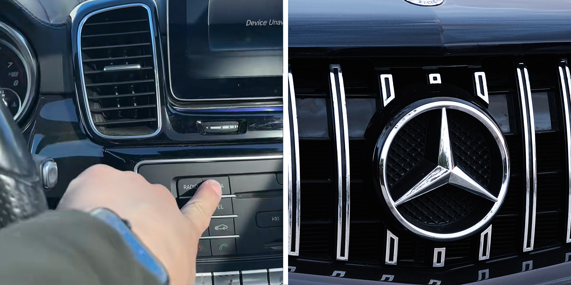 Finger pressing button in car on left. Mercedes logo on car on right.