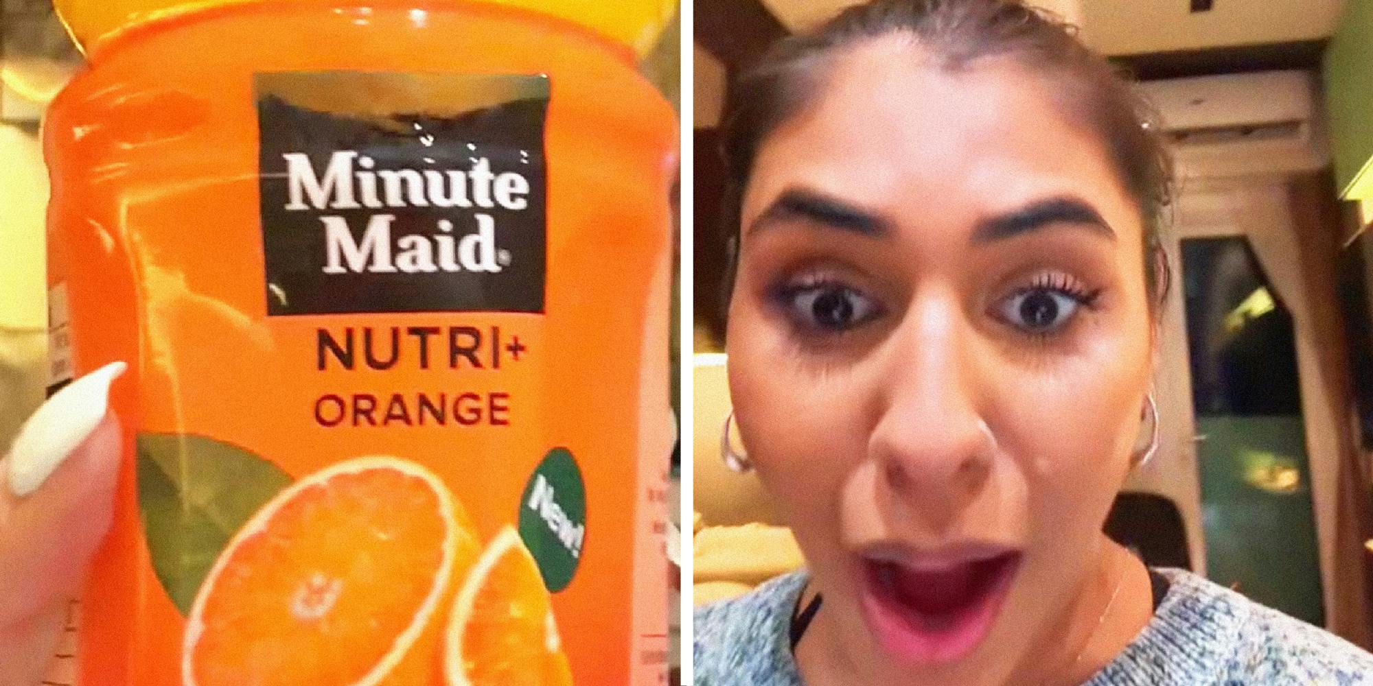 2 panel image: on the left a person holds a bottle of Minute Maid Nutri+ Orange Drink. On the right is a person with a shocked expression.