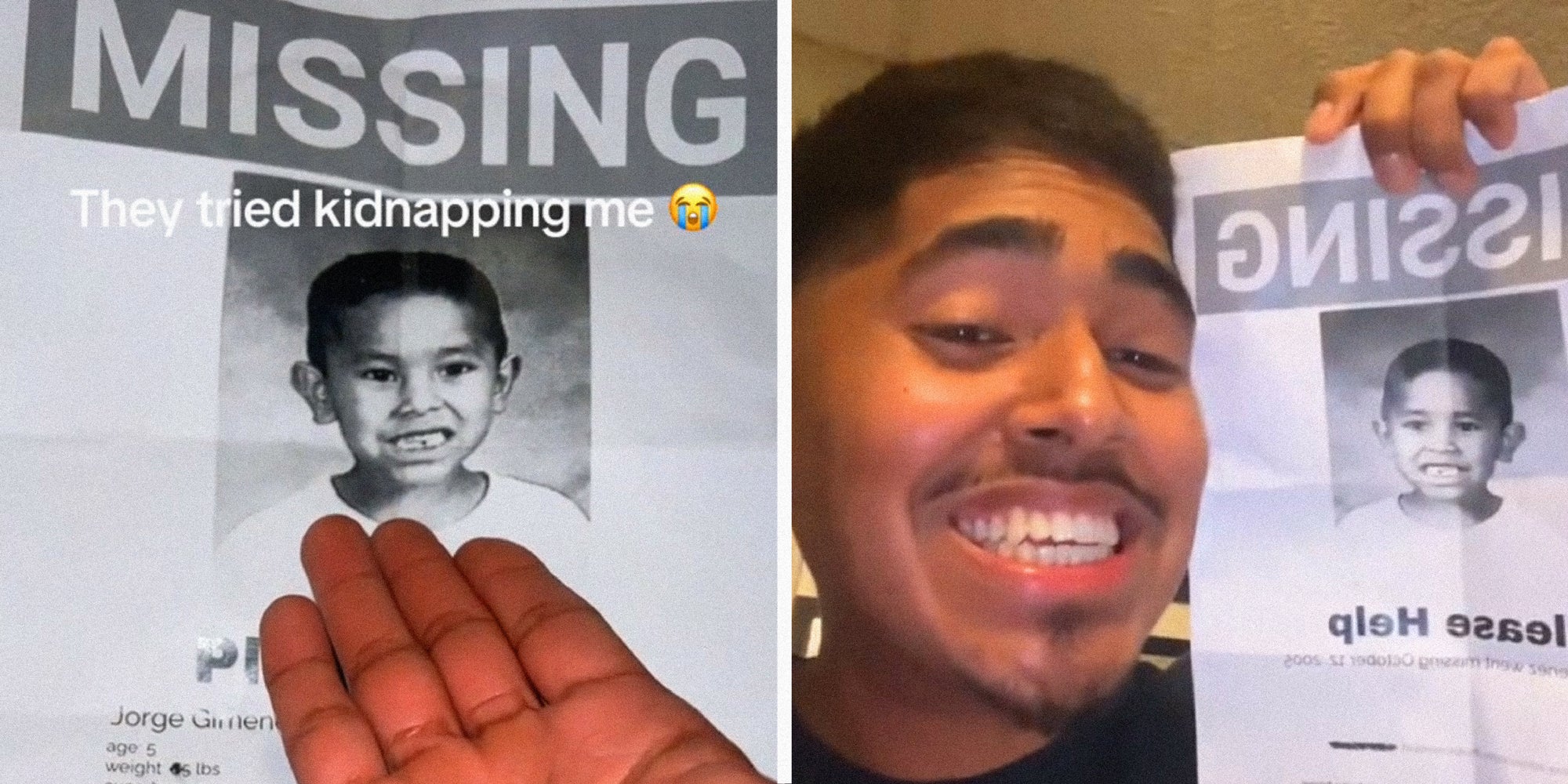 2 panel image: on the left is a missing child poster and on the right is a person smiling and holding the missing child sign.