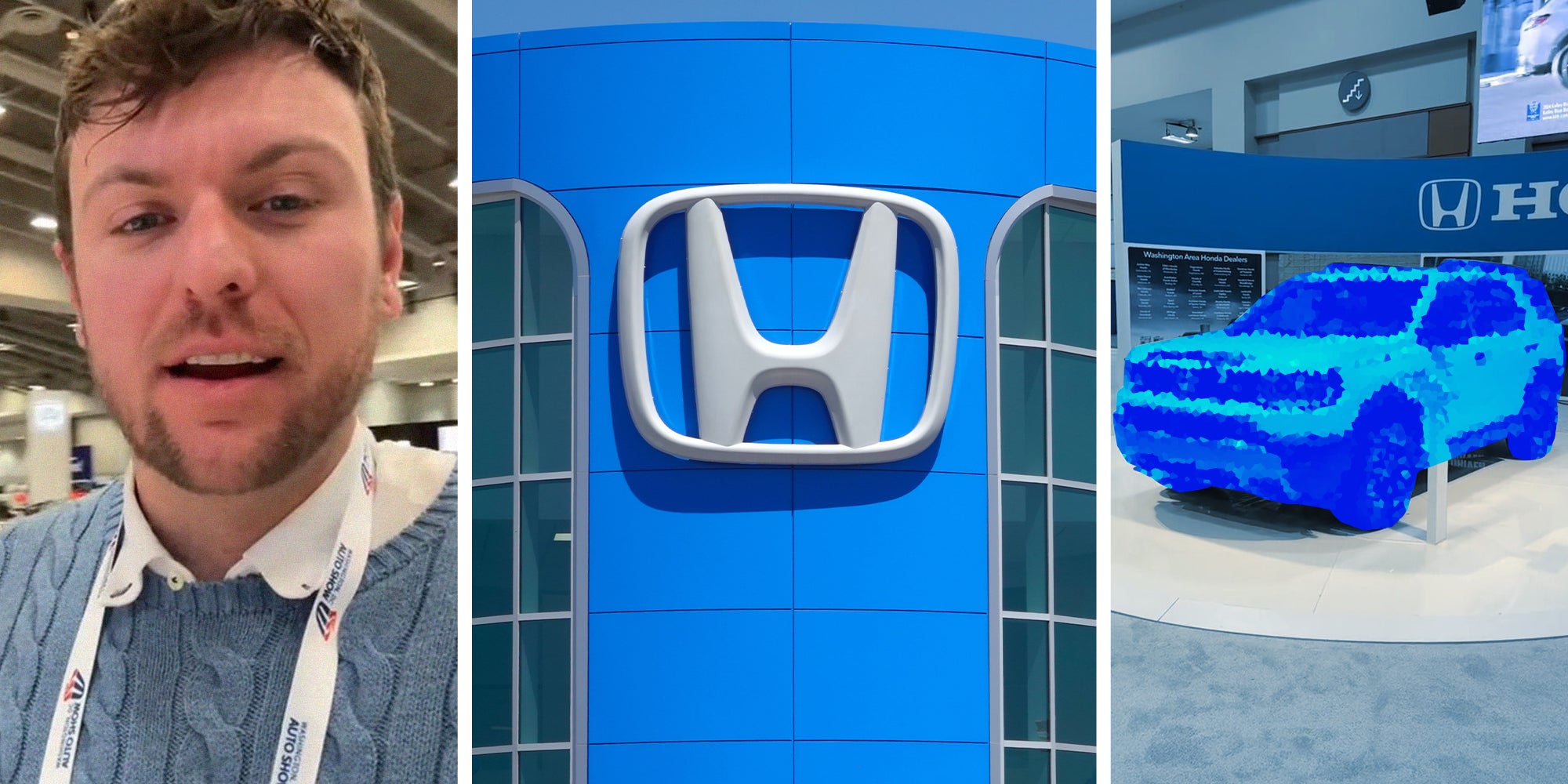 Man shares new honda vehicle(l) Honda Dealer Sign(c) New Honda Passport(r)