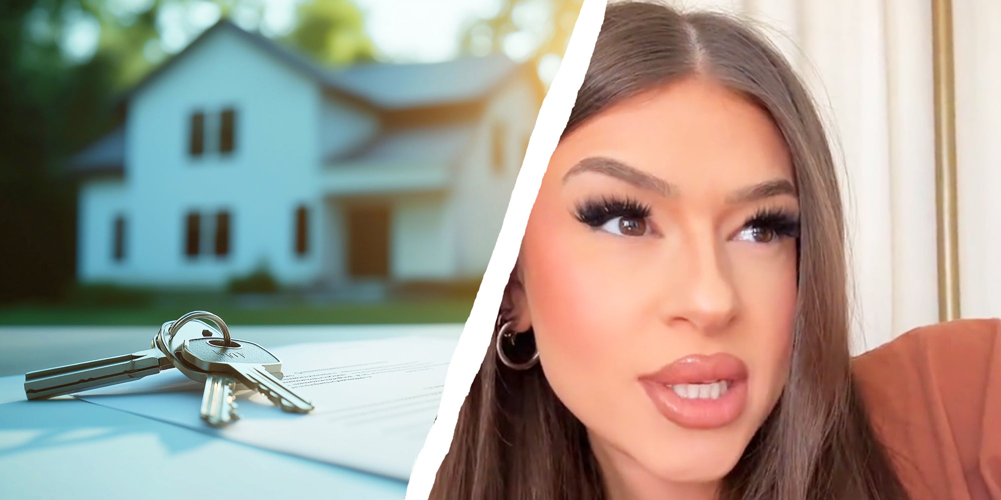 2 panel image: on the left is a home with keys in front, and on the right, a person explains.