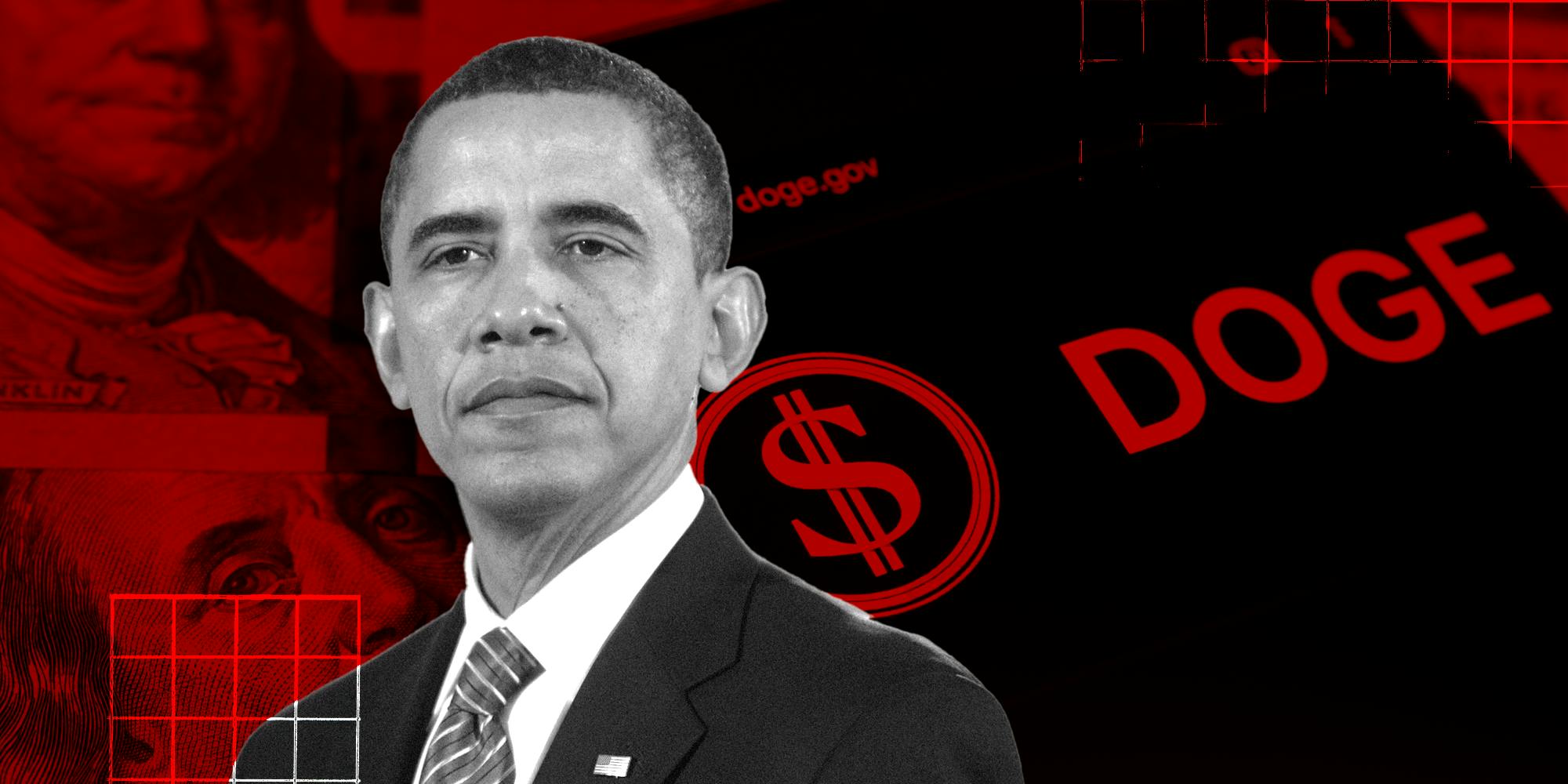 Obama over cash and phone screen with "Doge" logo on it.