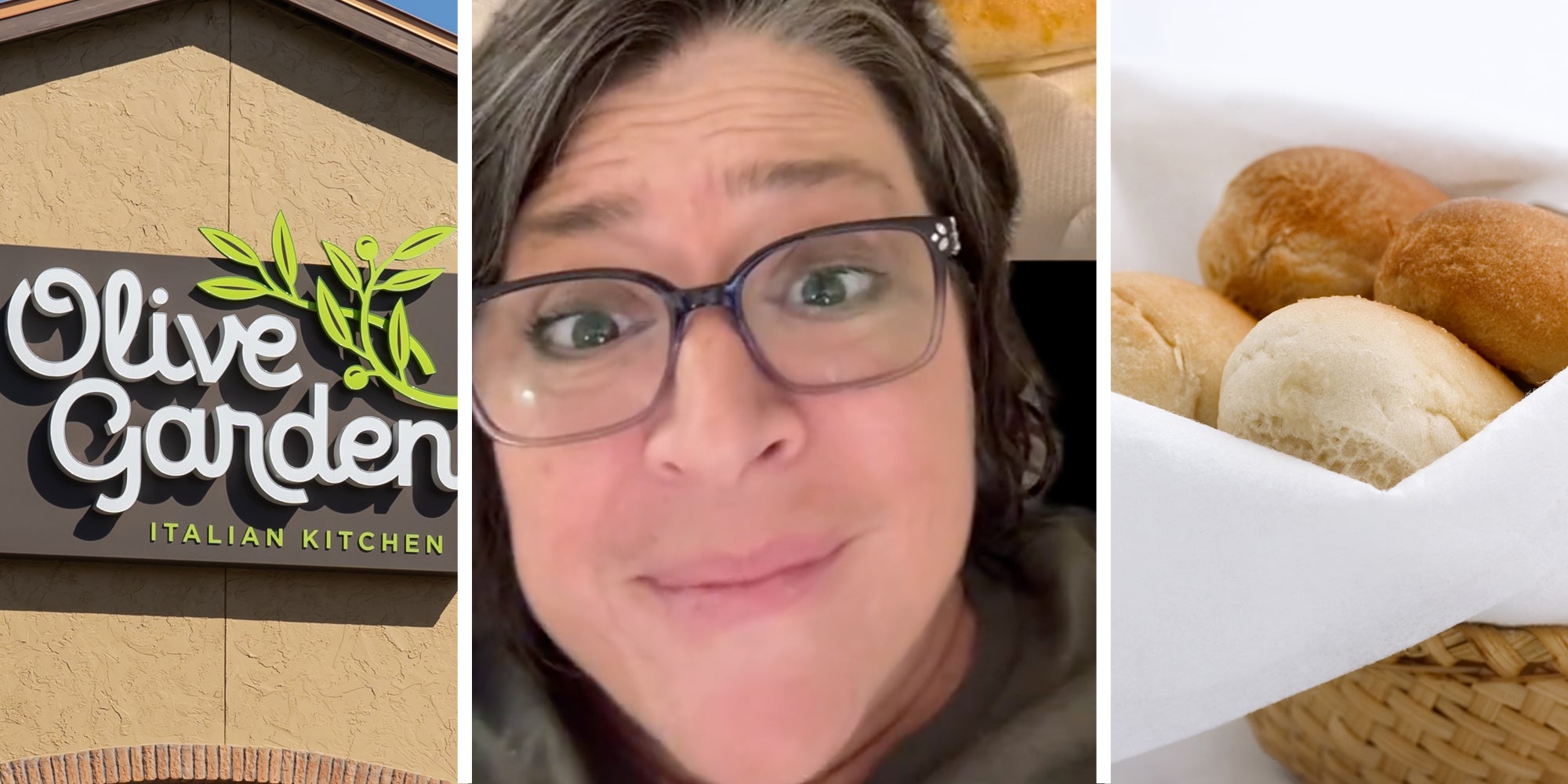Olive Garden sign(L), Woman talking(c), Breadsticks in bowl(r)
