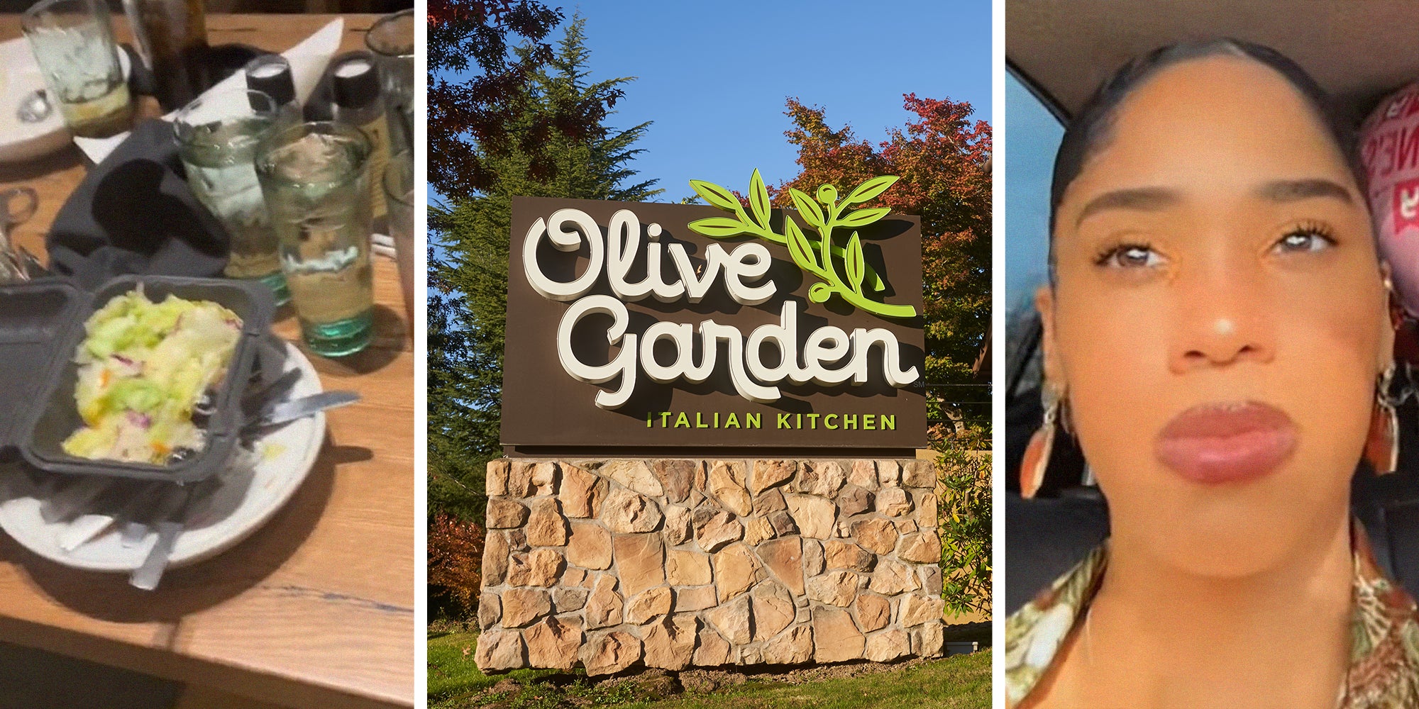Plate of olive garden food(l) olive garden sign(c) woman shares what she found on her plate(r)