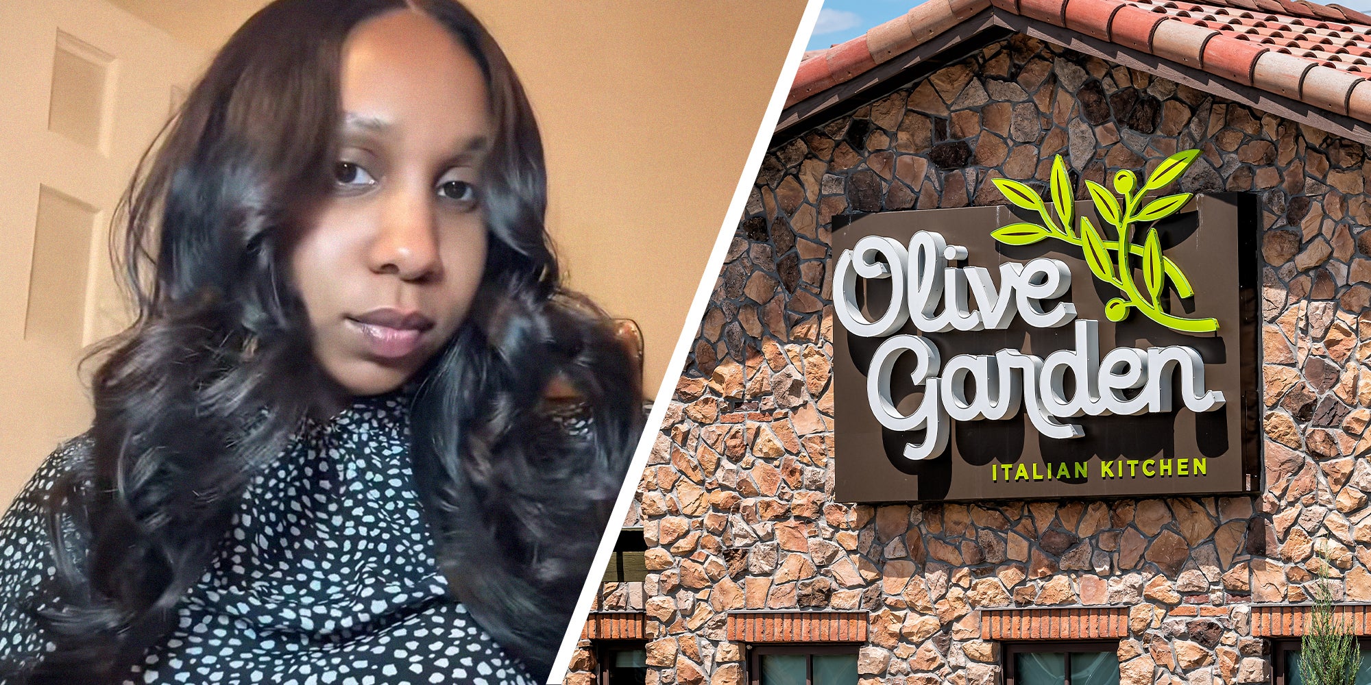woman shares which meal she buys at olive garden(l) Olive Garden Logo on Building(r)