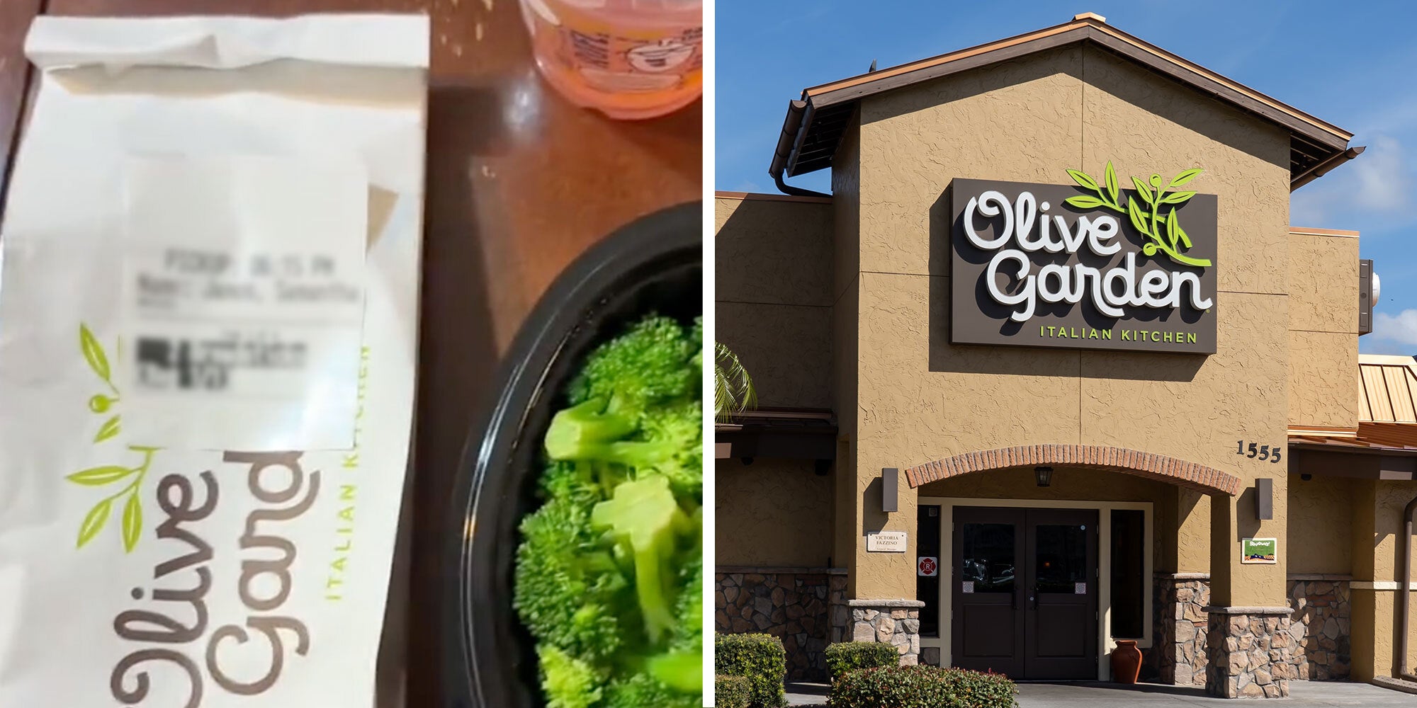 Screenshot of Tiktok user @sammyinthesity's Olive Garden meal; Photo of an Olive Garden exterior