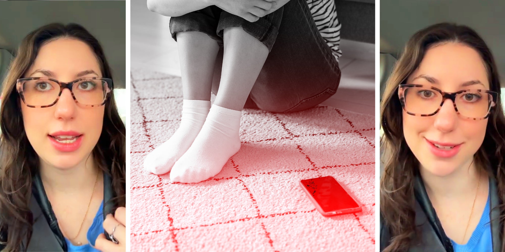 3 panel image: on the sides a person explains, in the middle a person is on hold waiting.