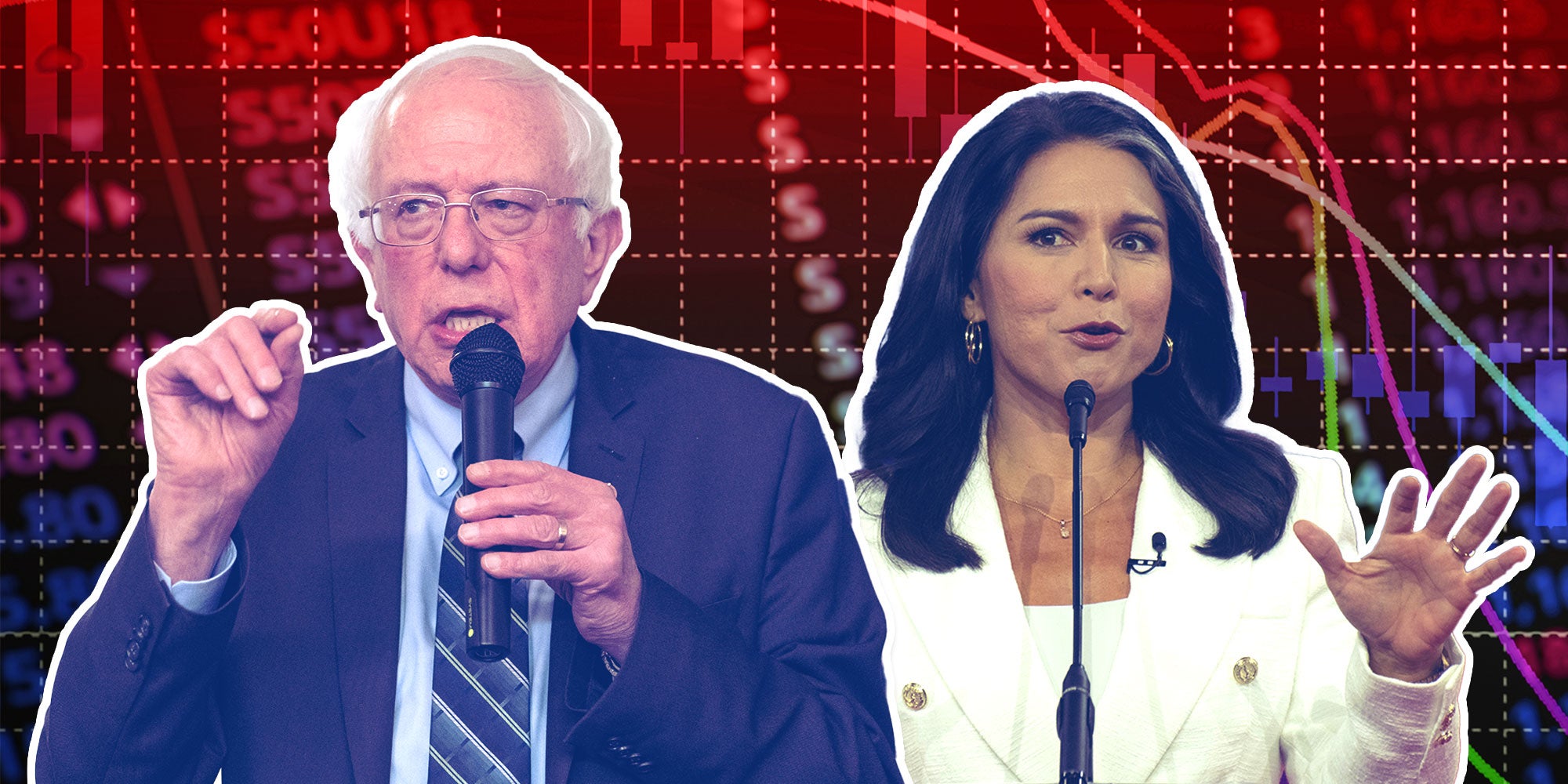 Bernie Sanders and Tulsi Gabbard in front of a graph of the Stock Market.