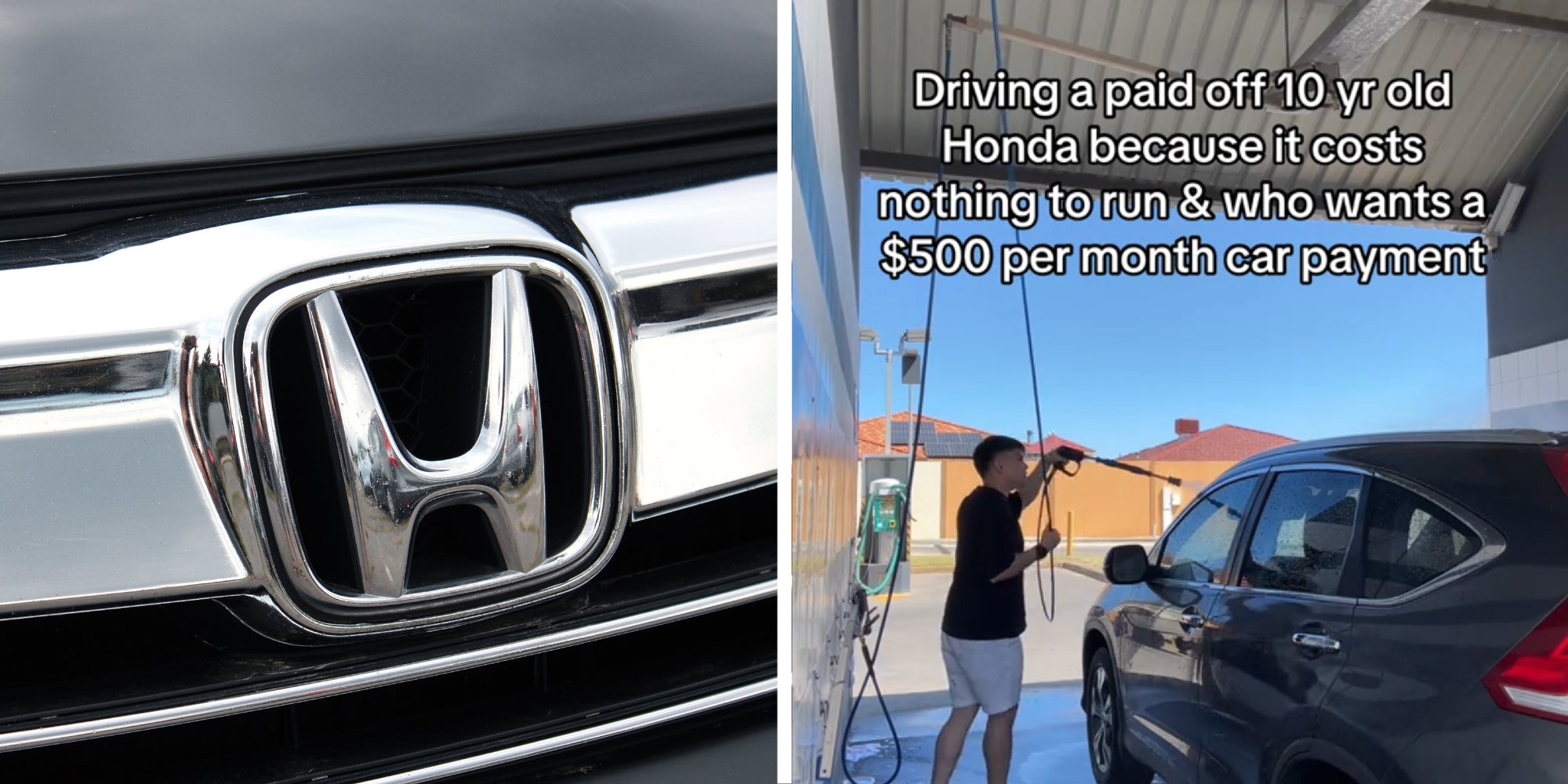 2 panel image: on the left is the Honda logo on the hood of a car. On the right a person washes their car.