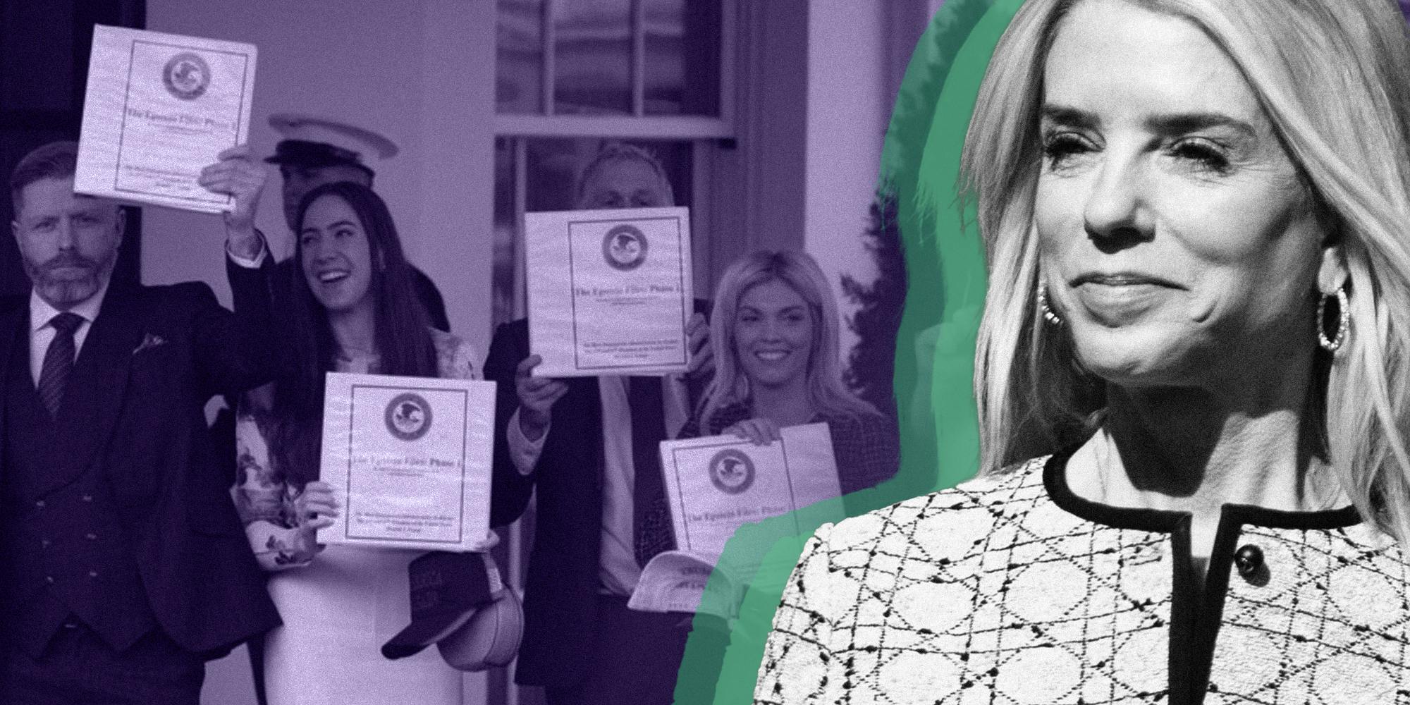 DC Pam Bondi with purple background of influencers getting epstein files