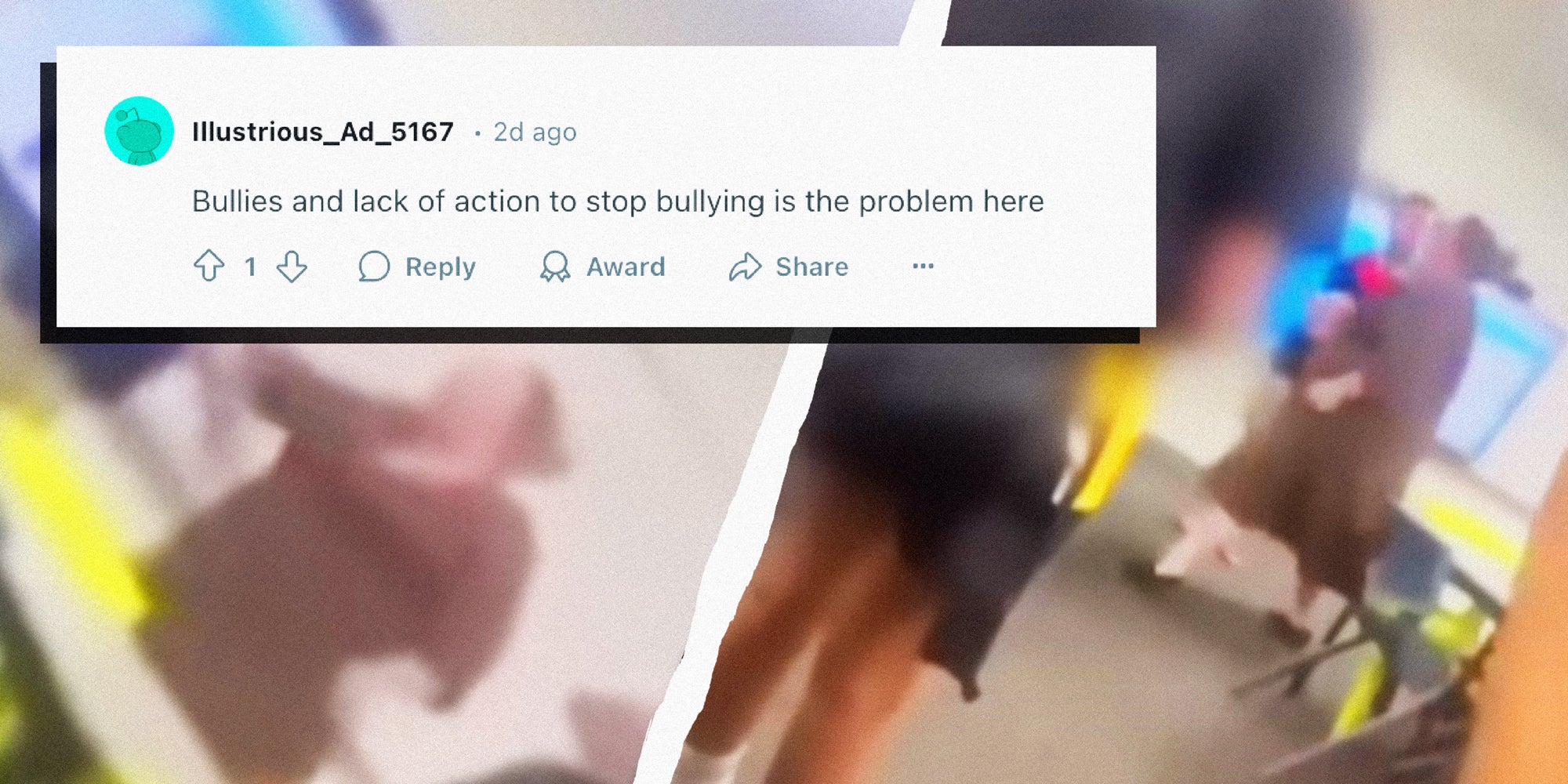 2 panel image of screengrabs of video taken in a school classroom. A blurred figure approaches and threatens an off-camera person.