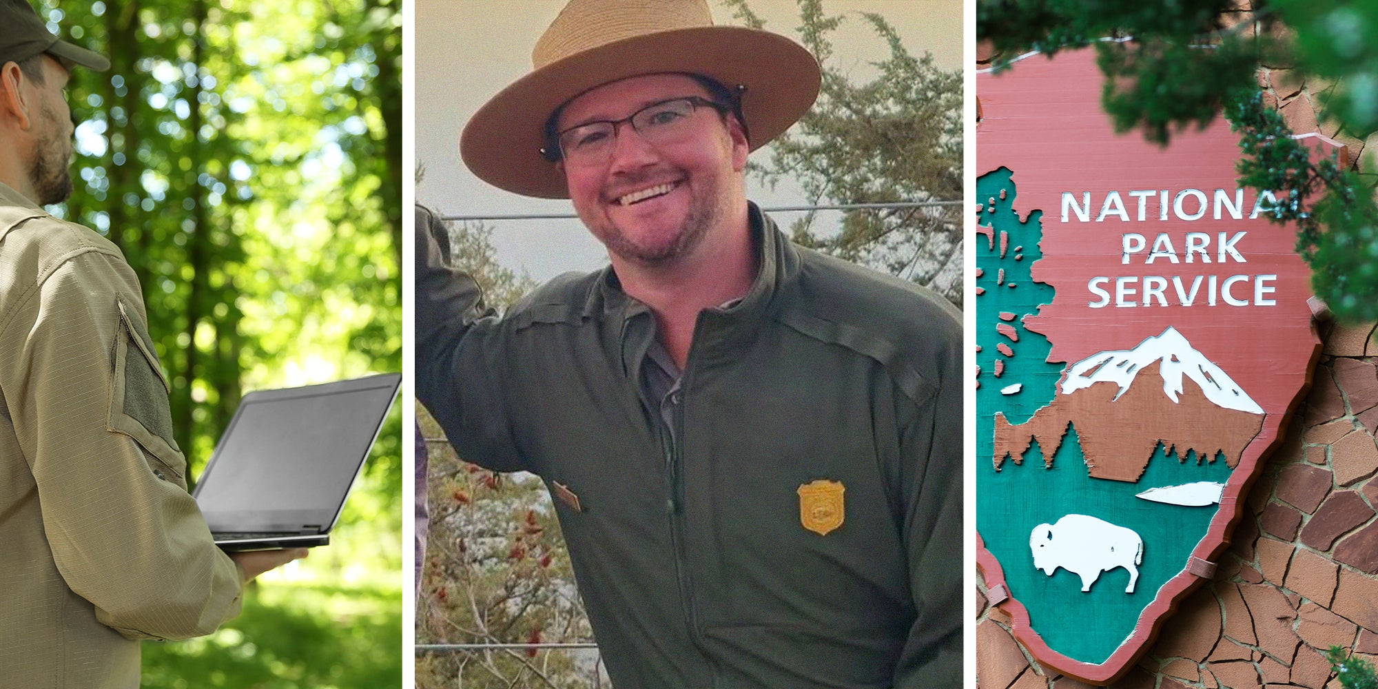 National Parks Ranger receives an alarming email(l) Park Ranger(c) Park Ranger logo(r)