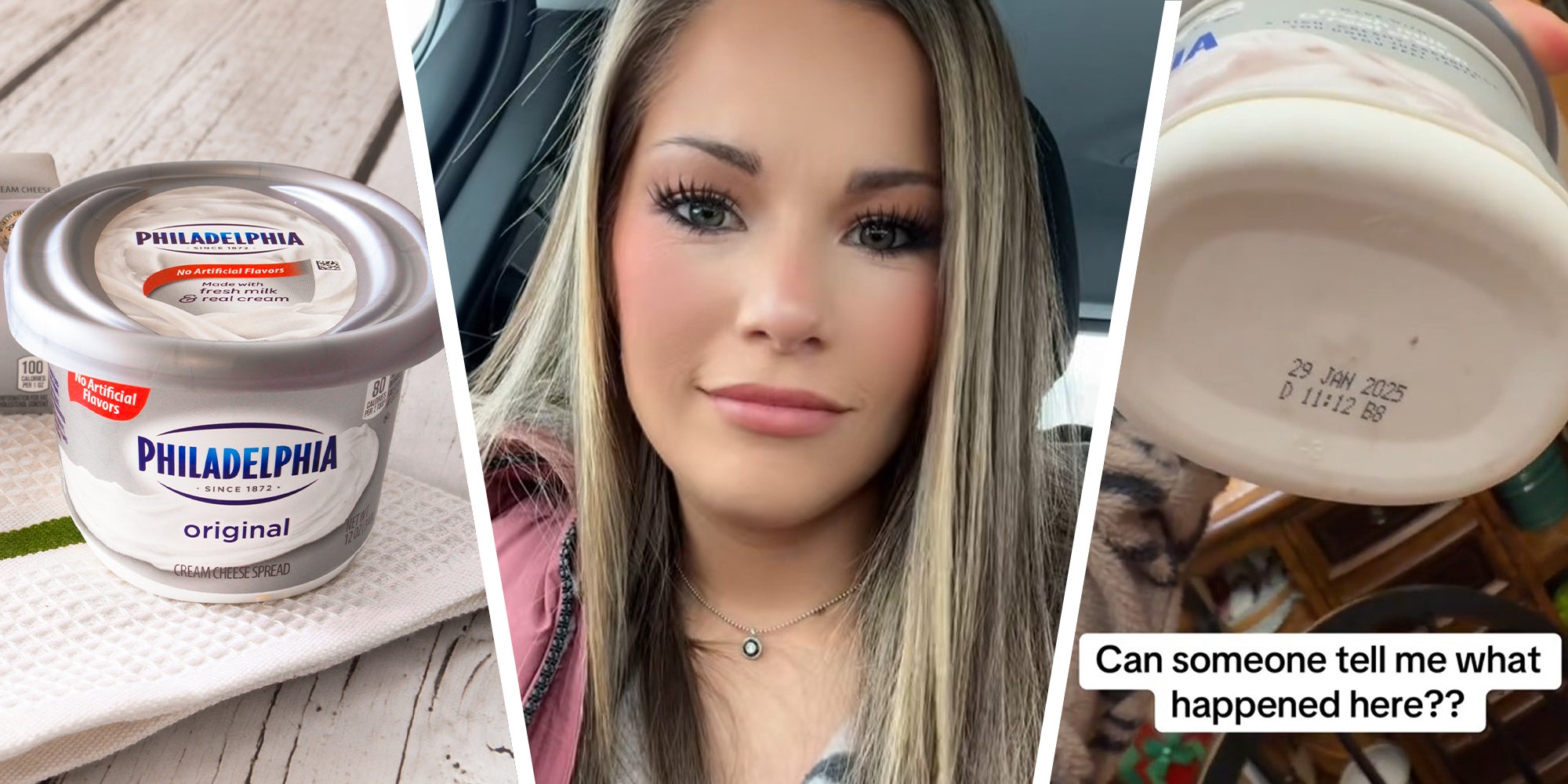 Philadelphia Cream(l) Woman shares what she saw from her philadelphia cream(c) Underneath of Philadelphia cream showing expiration date(r)