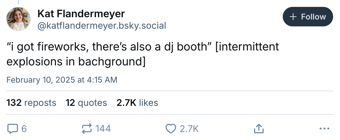 Phillies Superbowl police scanner thread, text reads, ''i got fireworks, there’s also a dj booth' [intermittent explosions in bachground]'