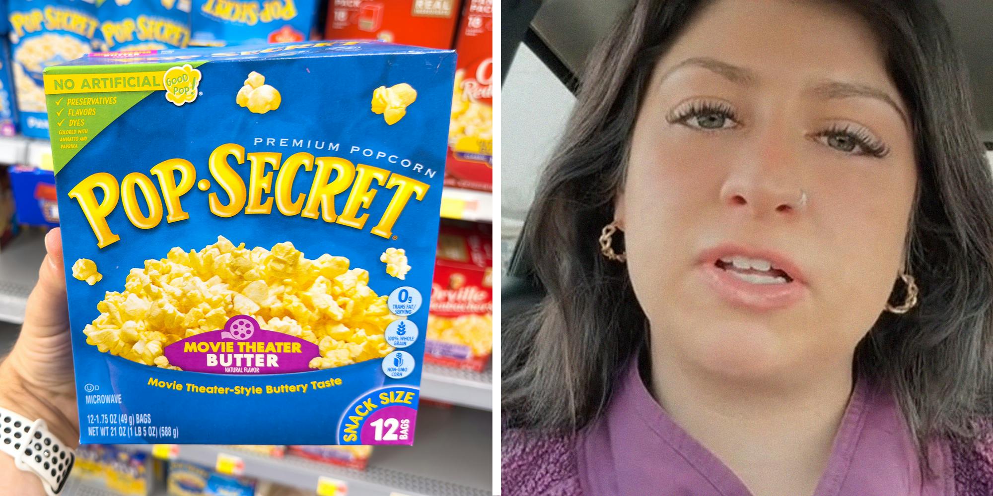 Popcorn box(l) woman shares secret from popcorn(r)