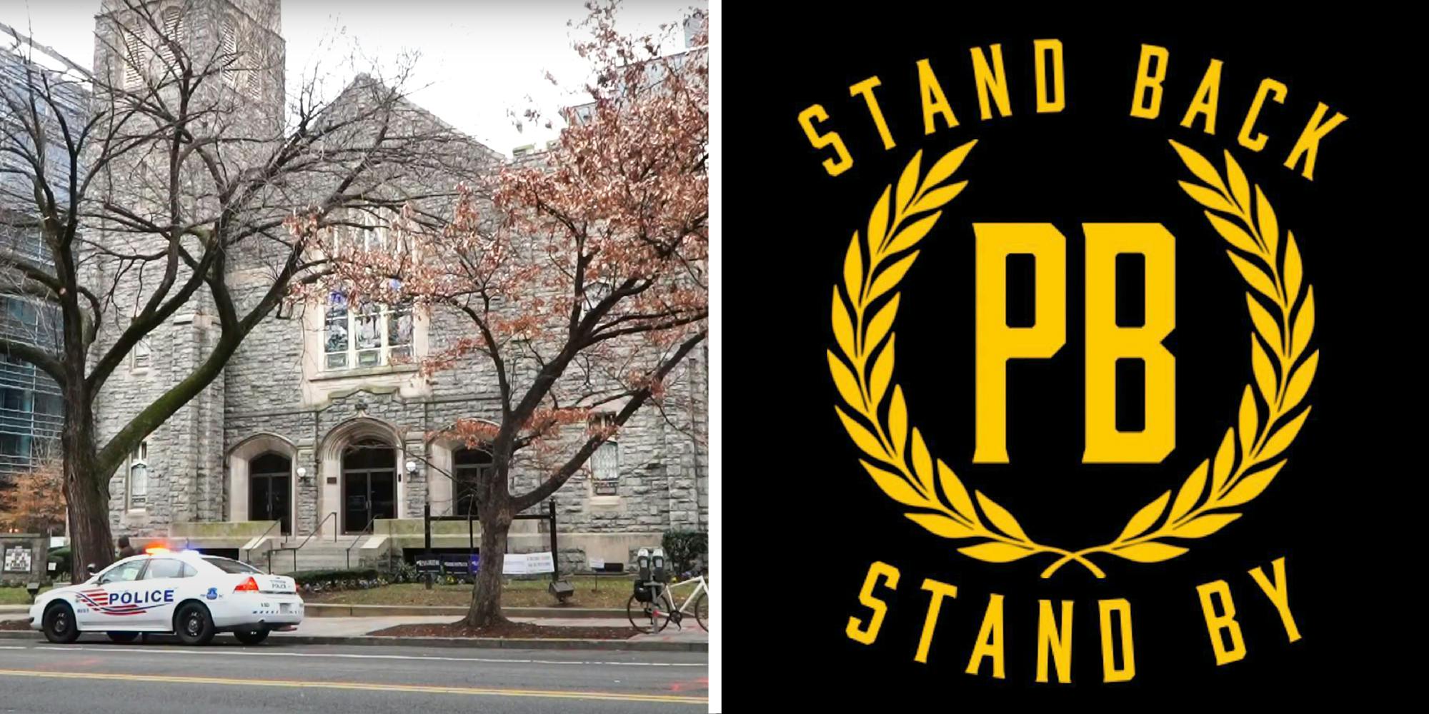 2 panel image showing the exterior of the AME Church in Washington DC with a police car in front, and the logo of the Proud Boys movement.