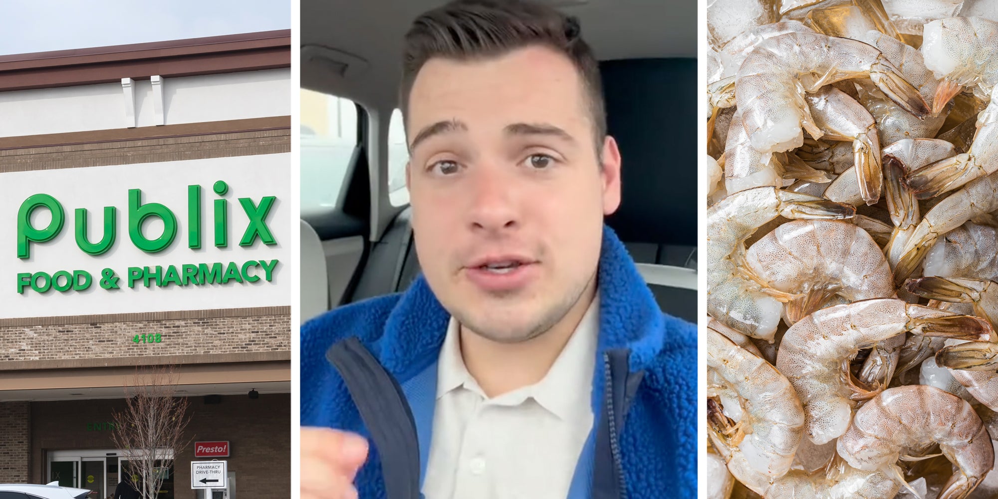 Publix storefront(L), Man talking(c), Frozen shrimp(r)
