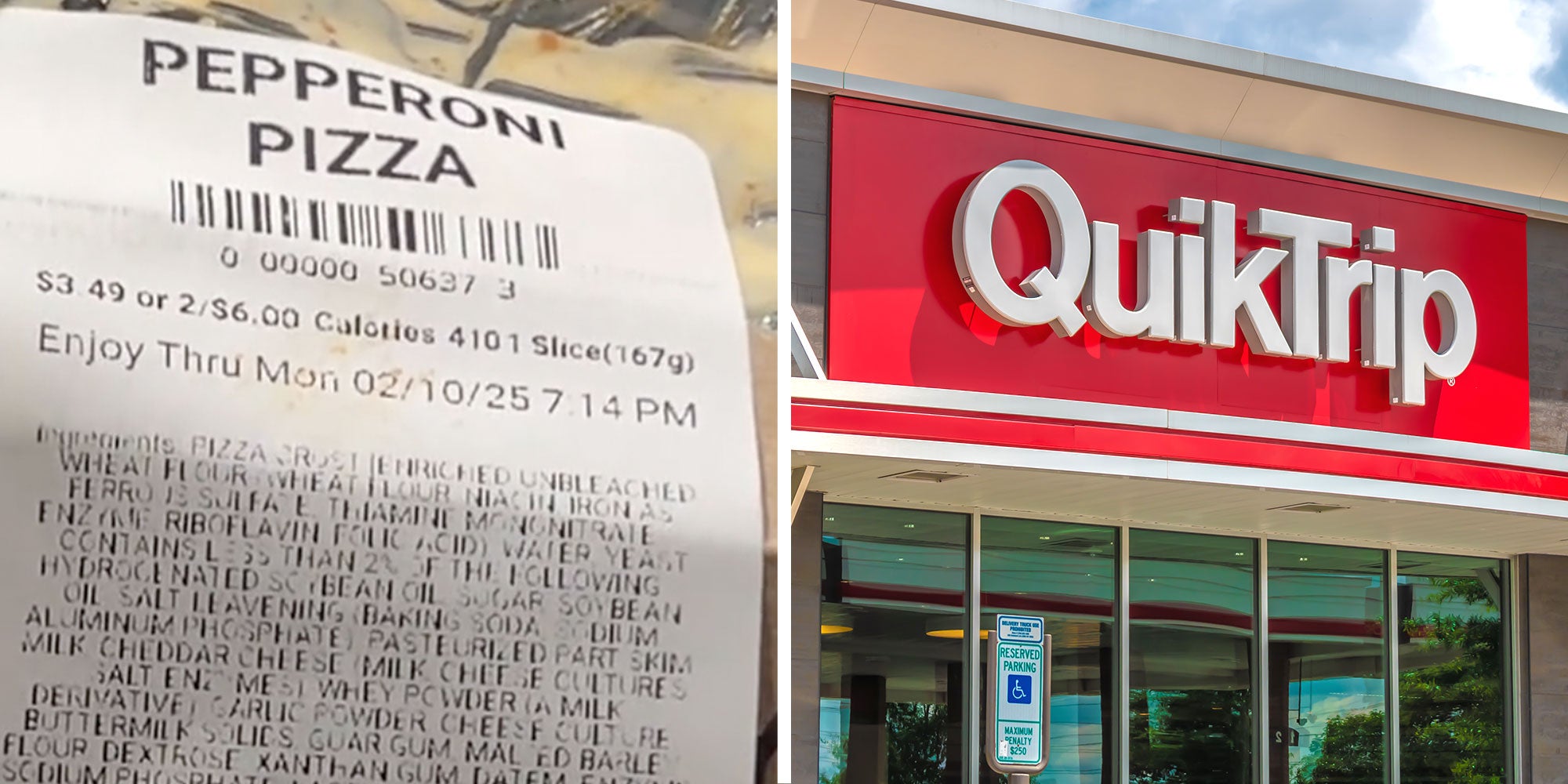Screenshot from @adrovelle's Tiktok of a Quiktrip Pepperoni Pizza label; Photo of a QuikTrip exterior.