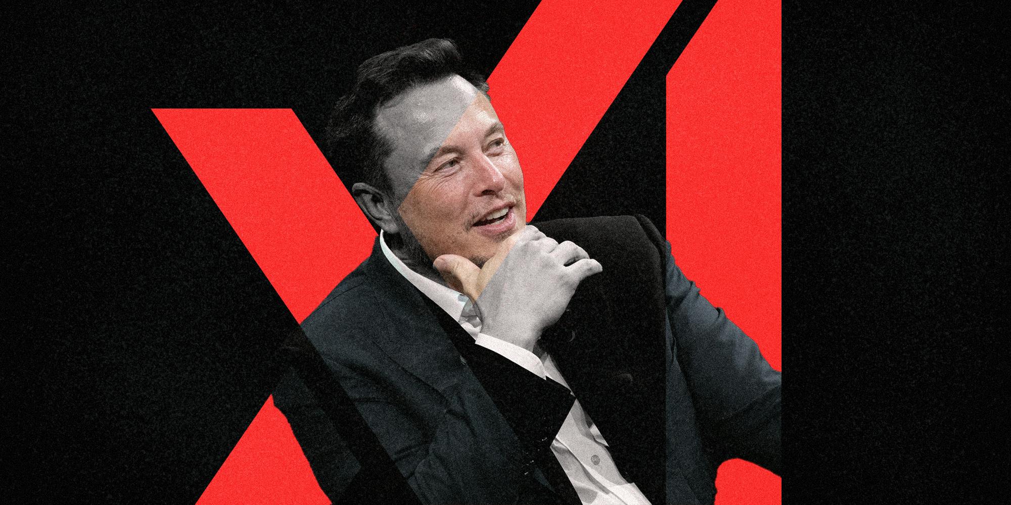 A portrait of Elon Musk overlayed by the X AI logo.