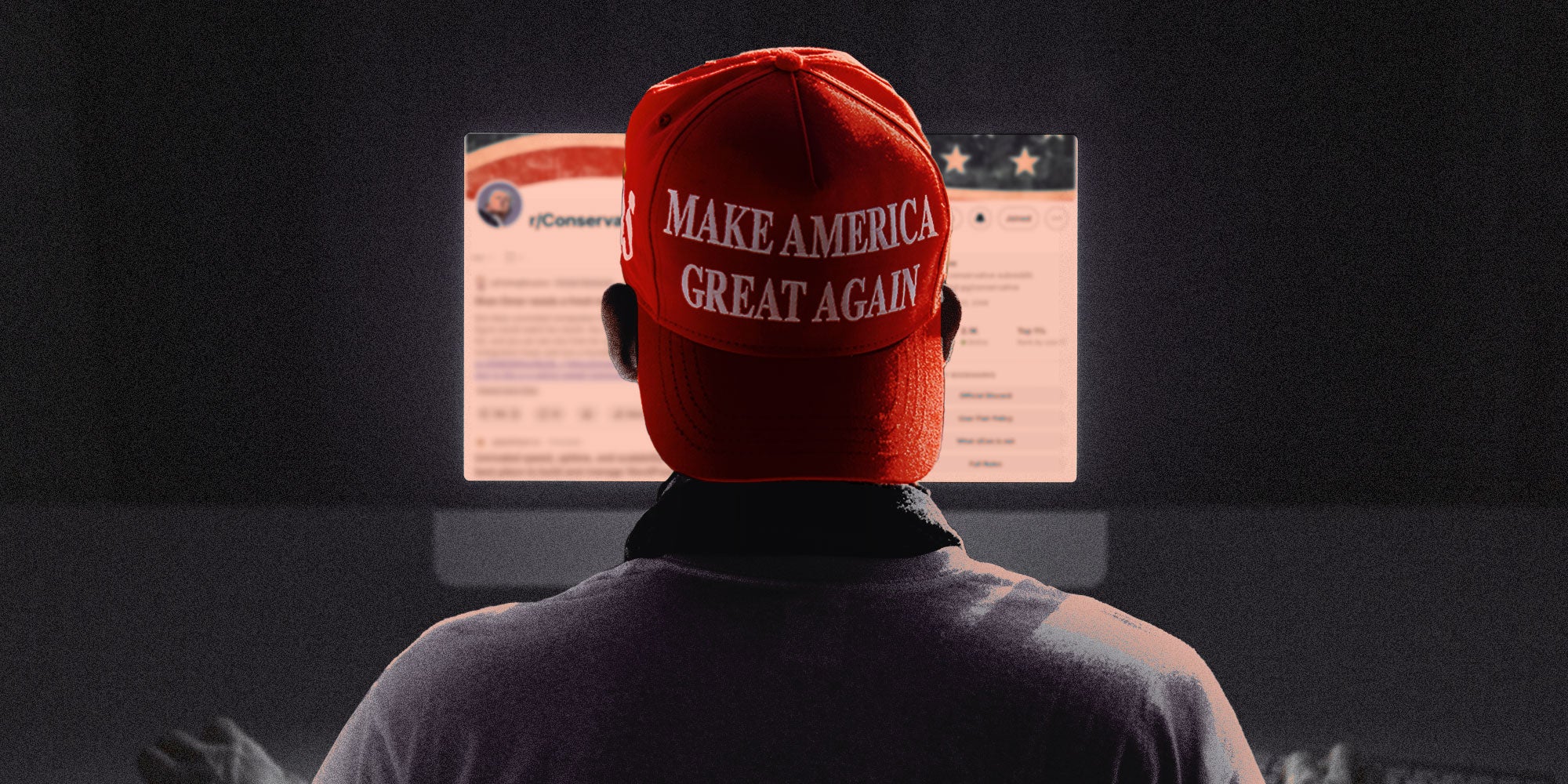 Photo illustration of a man in a backwards MAGA hat sitting at a computer reading the r/Conservative subreddit.