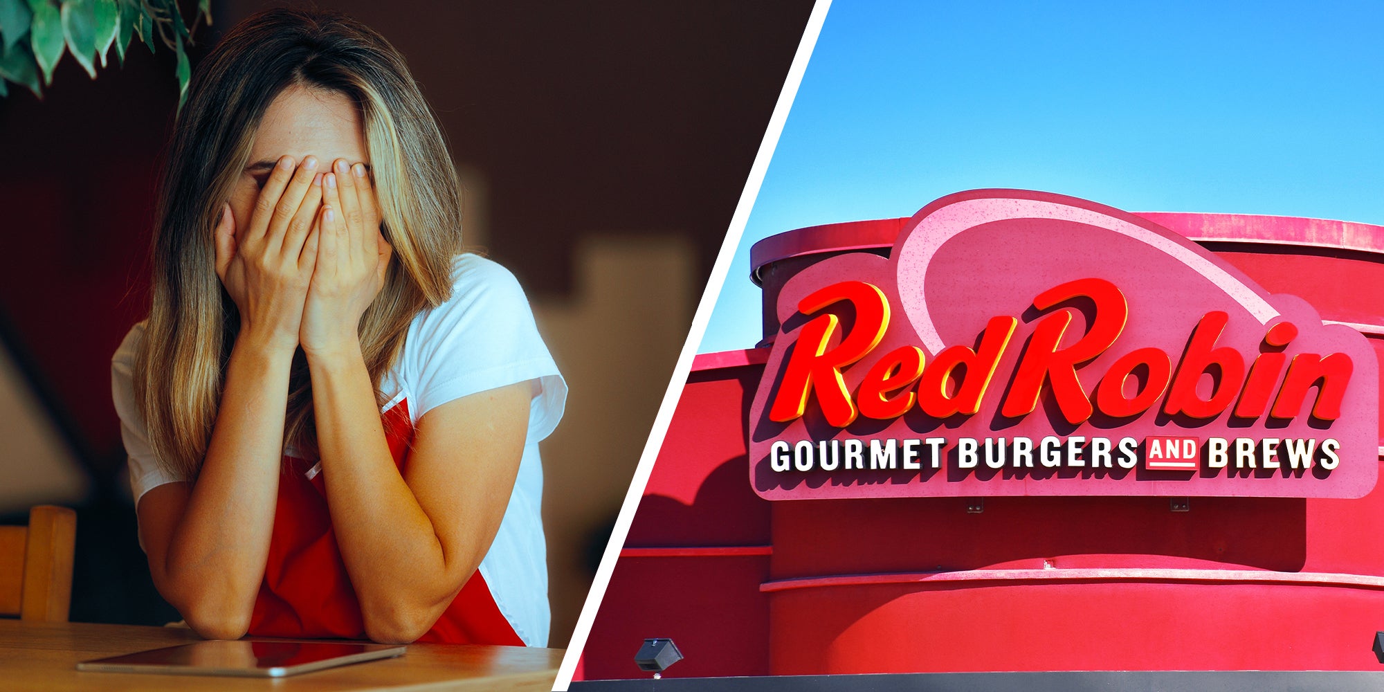 waitress covering her face(l) Red Robin Restaurant Logo on building(r)