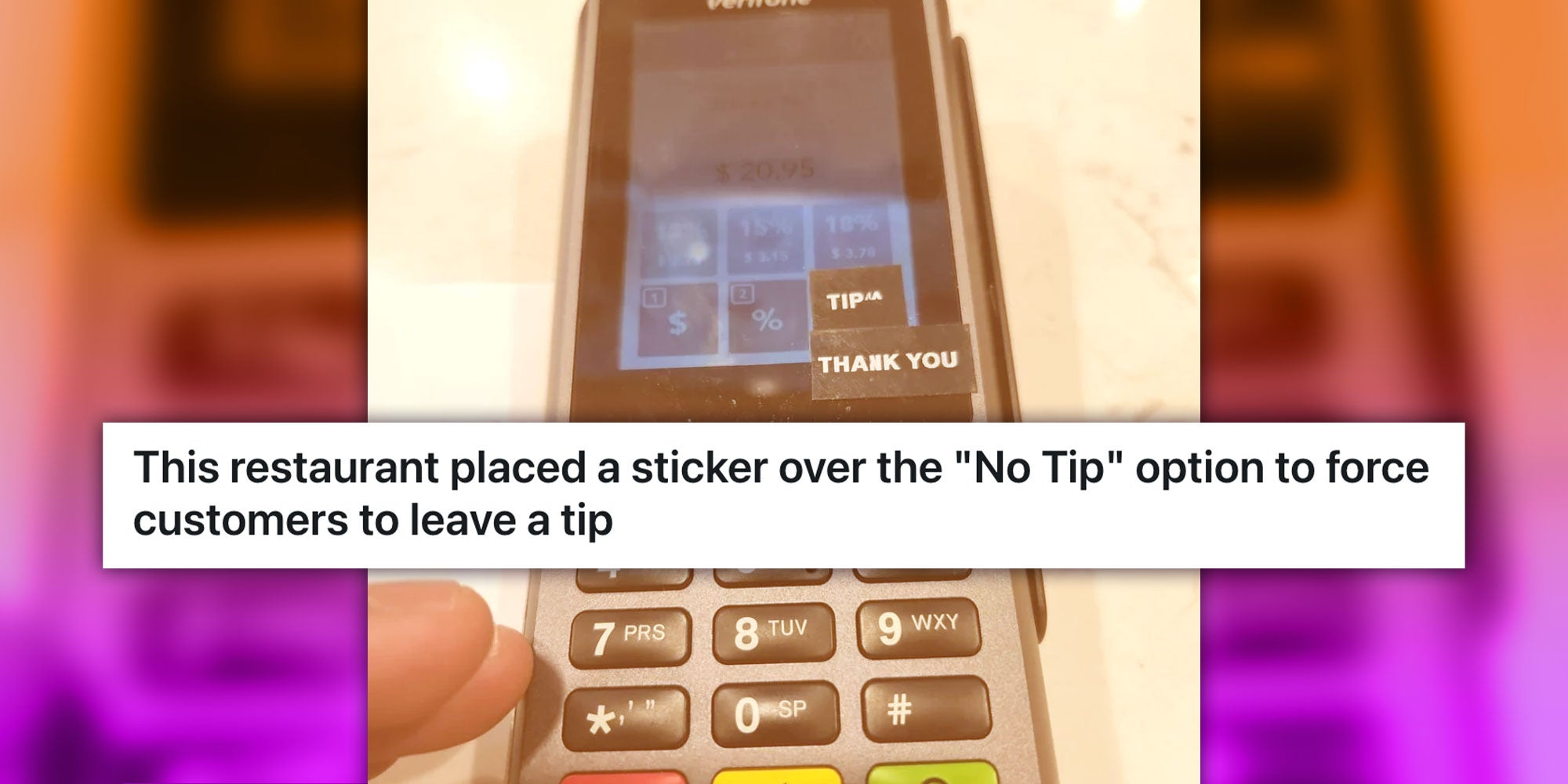 Screenshot from Reddit user @syzygee_alt with the caption 'This restaurant place a sticker over the 'No Tip' option to force customers to leave a tip'.