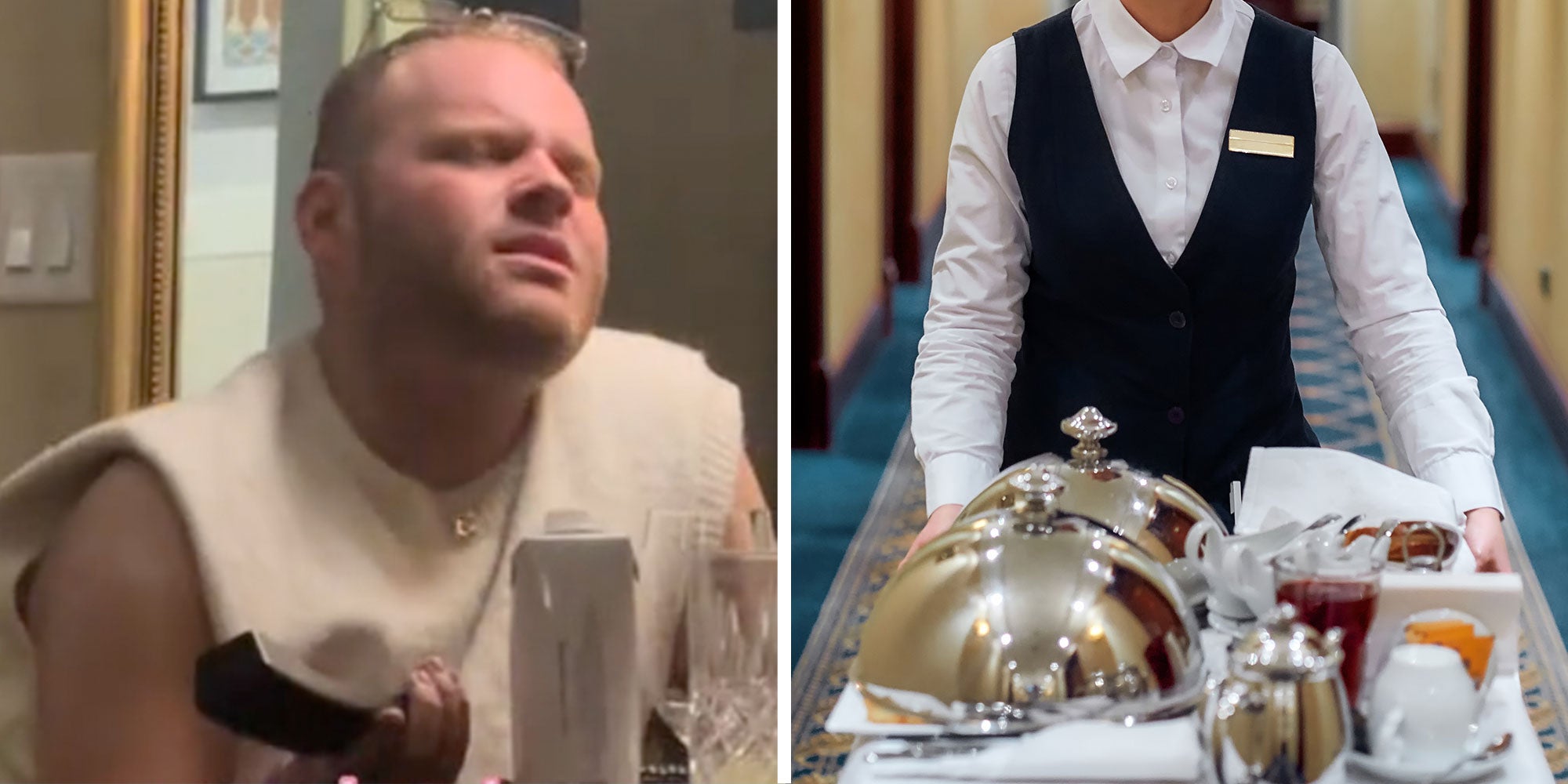 Screenshot from Tiktok user @livvgerr of a man on the phone; Photo of a hotel worker pushing a room service food cart.