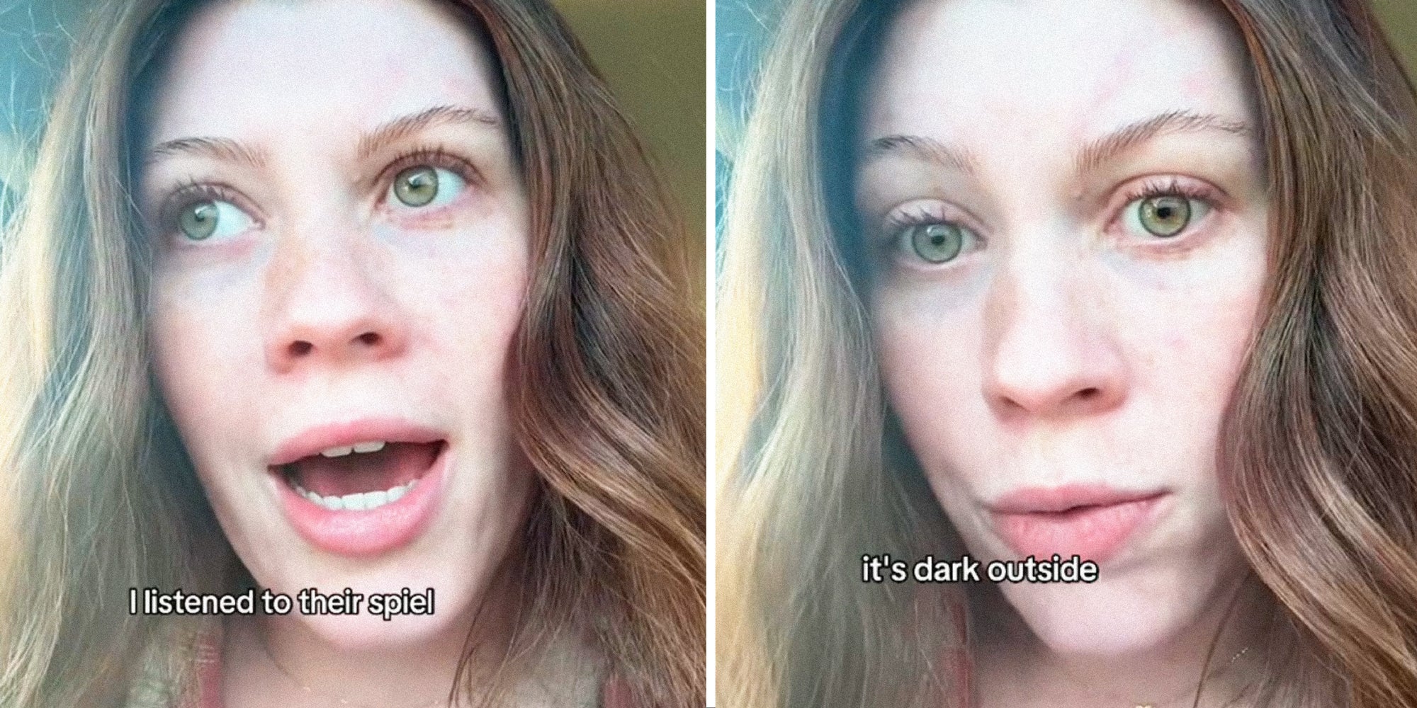 2 panel image: woman explains.