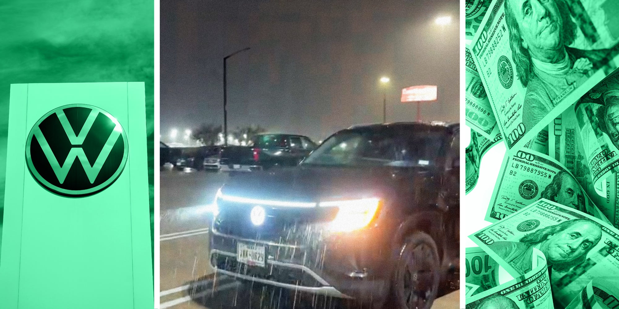 3-panel image showing the Volkswagen logo, a Volkswagen vehicle in the rain, and 100 dollar bills falling.
