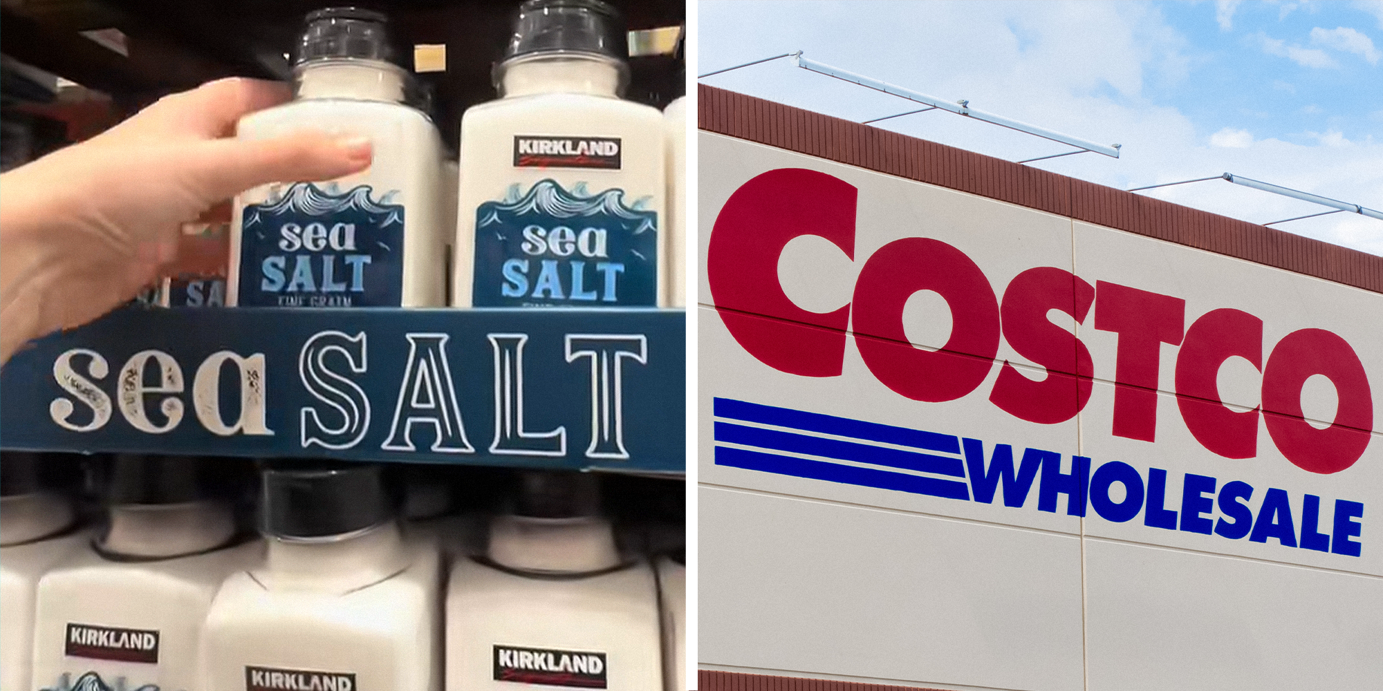 Someone grabbing sea salt off Costco shelves on left. Costco logo on store on right.