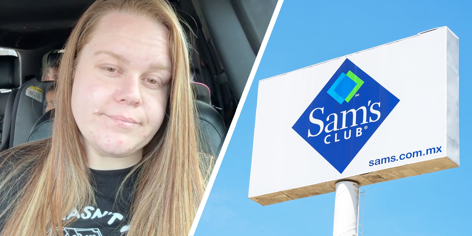 Woman talking(l), Sam's club sign(r)