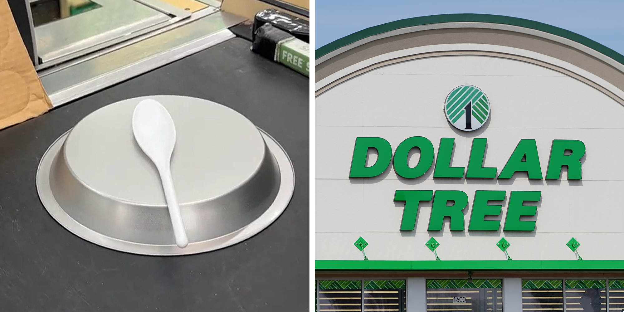 Spoon sitting on top of pan in checkout line on left. Dollar Tree storefront on right.