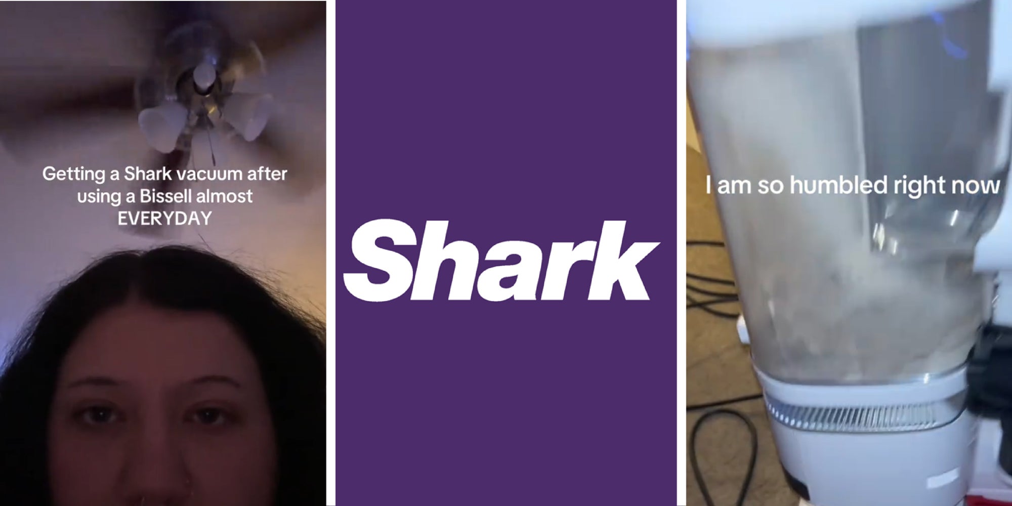 3 panel image: on the sides a person explains, in the middle is the Shark logo.