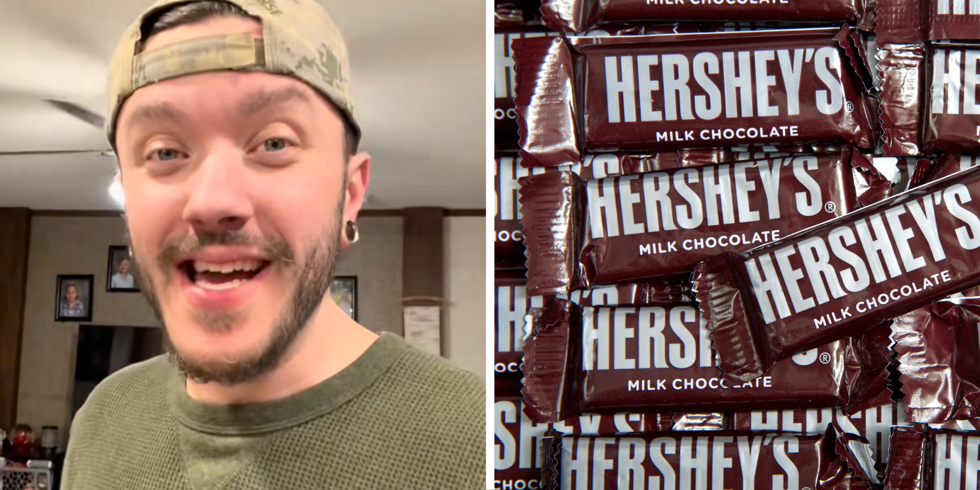 Man talking(l), Hershey bars(r)